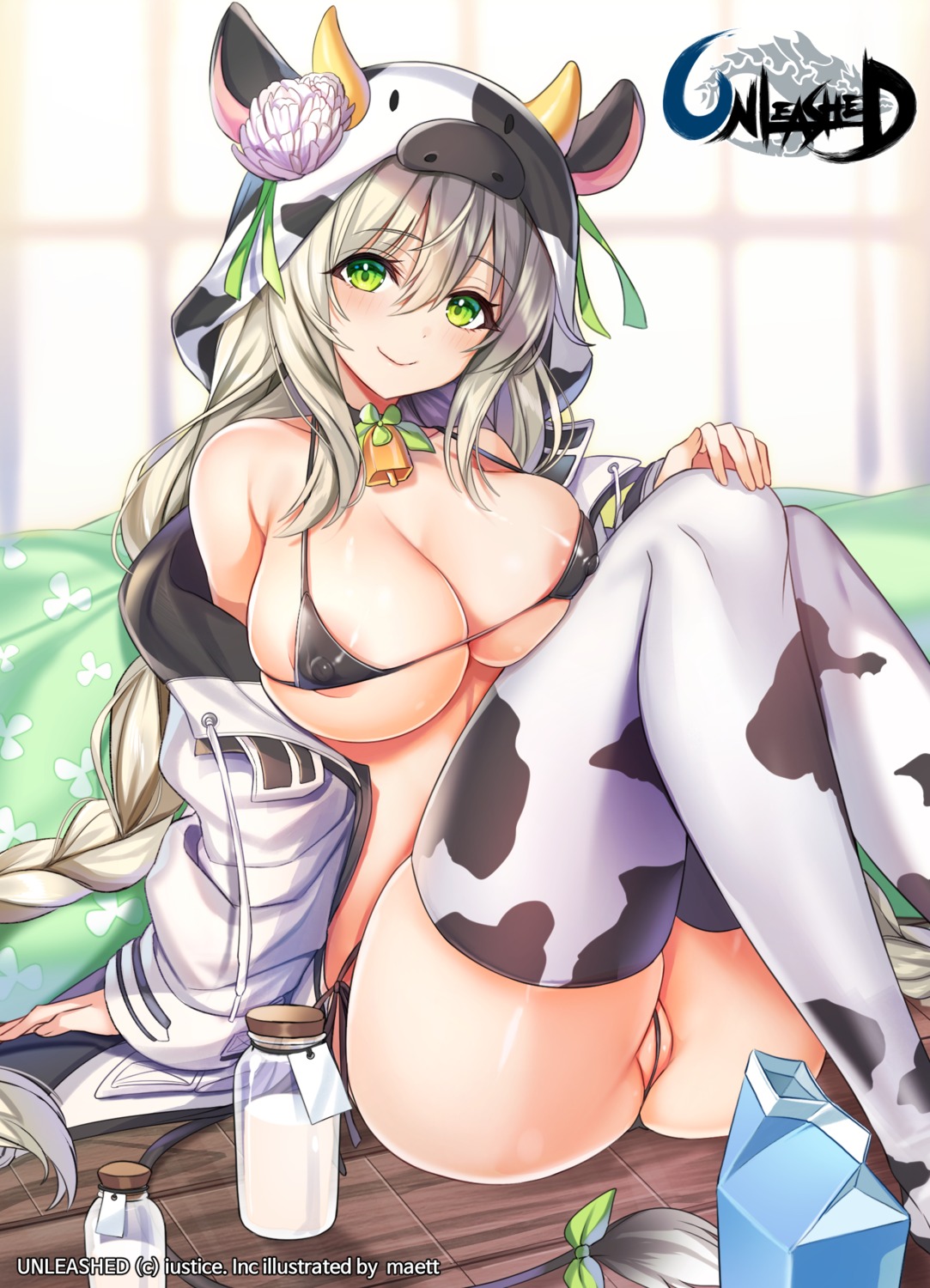 animal_ears areola bikini erect_nipples horns maett open_shirt swimsuits tail thighhighs thong unleashed