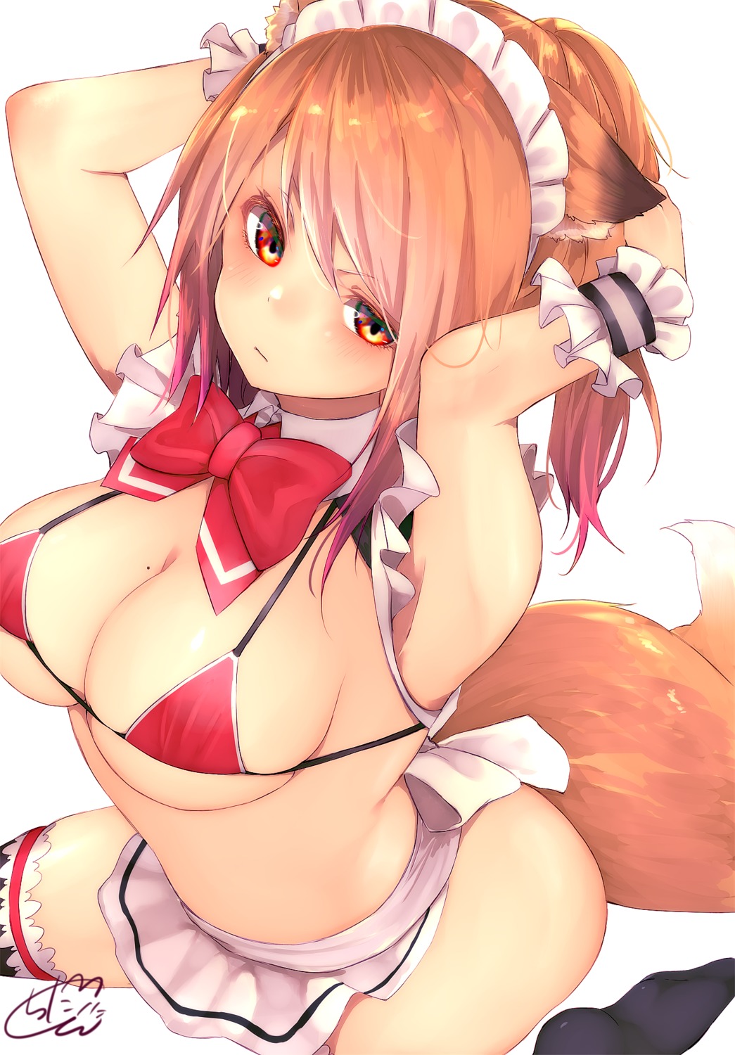 animal_ears bikini_top chita_(ketchup) kitsune maid swimsuits tail thighhighs