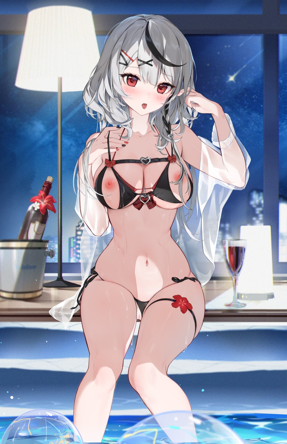 bikini garter hololive houkisei nipples open_shirt pussy sakamata_chloe see_through swimsuits thong uncensored wet