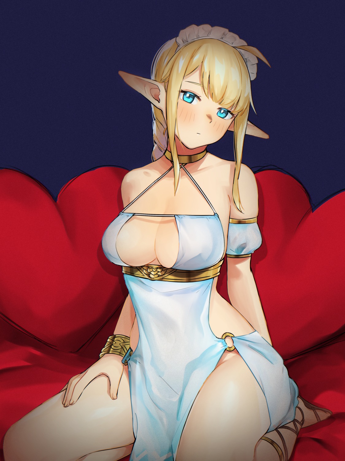 cleavage dress elf nezuko no_bra nopan pointy_ears