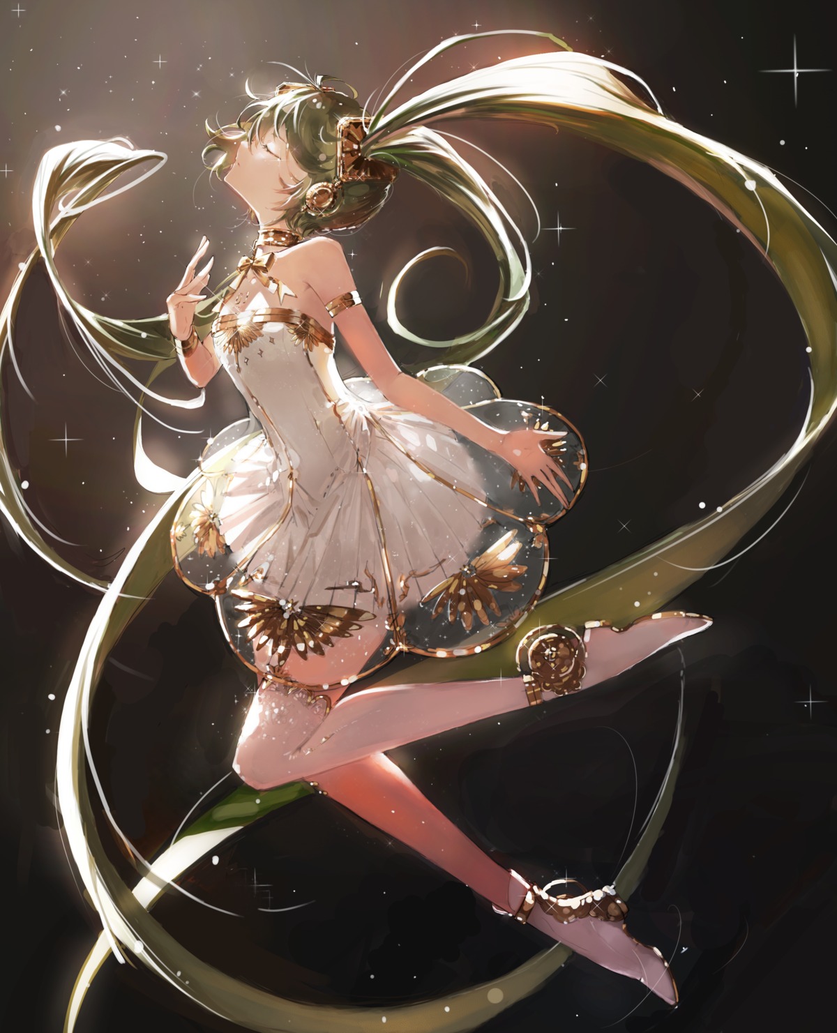 dress feiemmm gramophone_miku hatsune_miku hatsune_miku_symphony headphones see_through tattoo thighhighs vocaloid