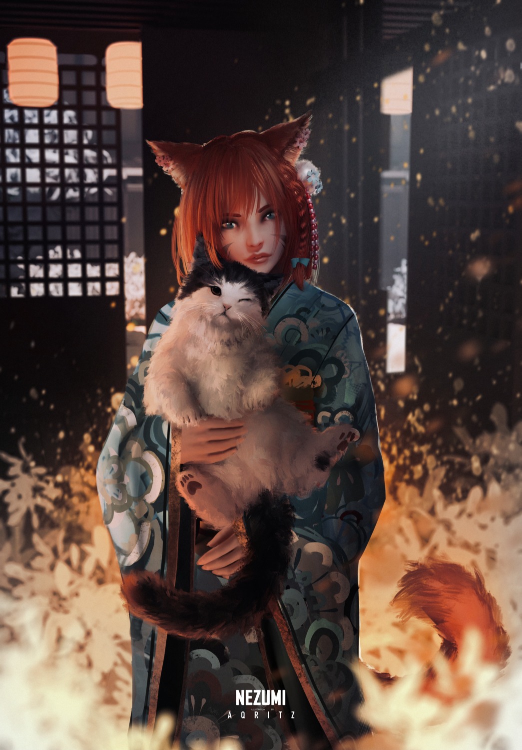 animal_ears aqritz final_fantasy final_fantasy_xiv kimono miqo'te neko nekomimi tail