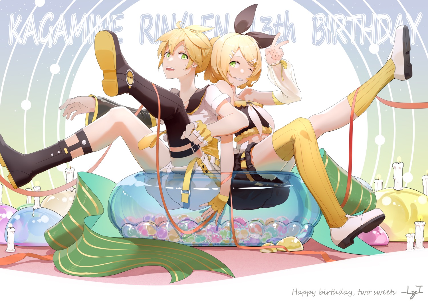 bloomers garter kagamine_len kagamine_rin ly.t stockings thighhighs vocaloid wet