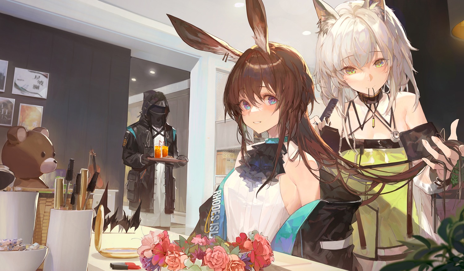 amiya_(arknights) animal_ears arknights bunny_ears doctor_(arknights) kal'tsit_(arknights) kuroduki_(pieat) see_through