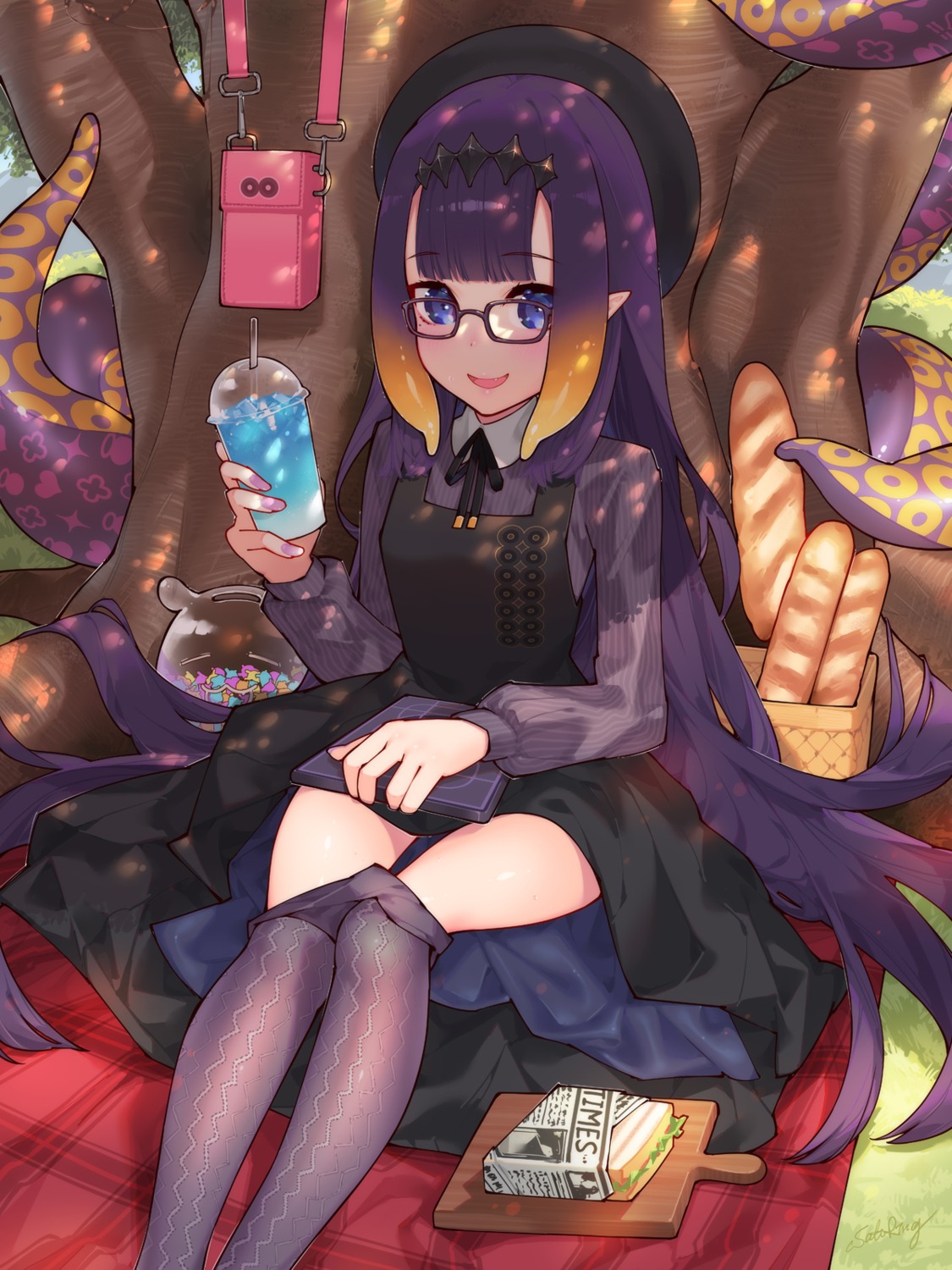 dress hololive hololive_english megane ninomae_ina'nis pantyhose pointy_ears skirt_lift tentacles waterring