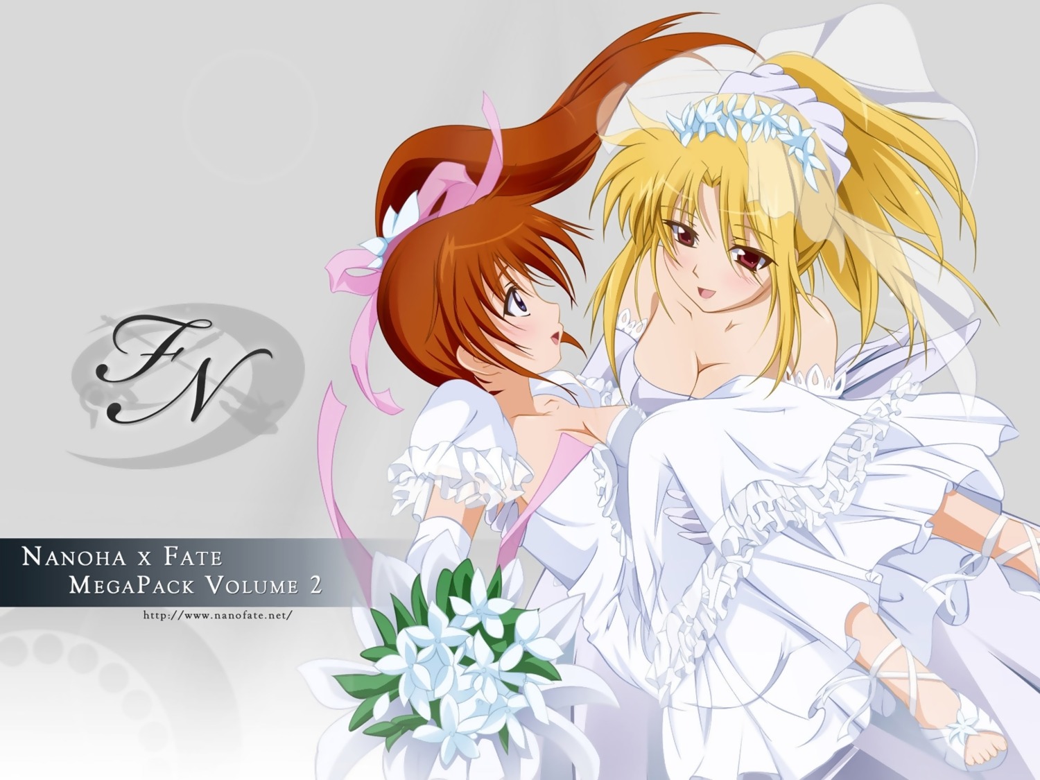 cleavage dress fate_testarossa mahou_shoujo_lyrical_nanoha mahou_shoujo_lyrical_nanoha_strikers takamachi_nanoha wallpaper wedding_dress