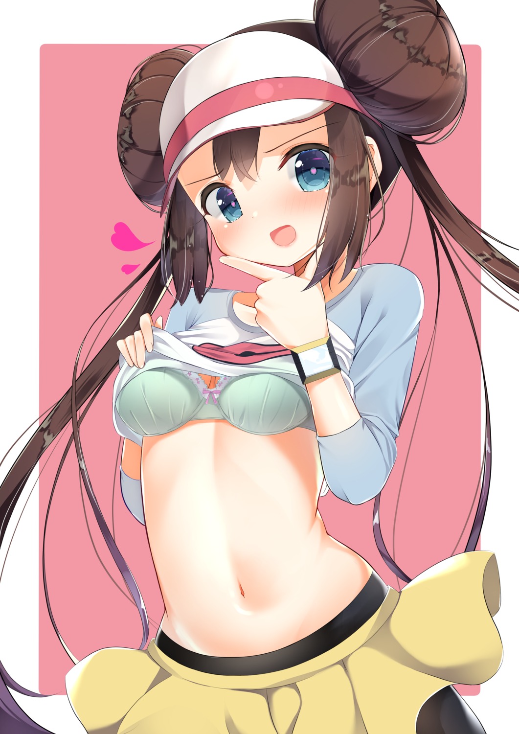 bra cleavage mei_(pokemon) pantyhose pokemon pokemon_b2w2 shirt_lift wataira