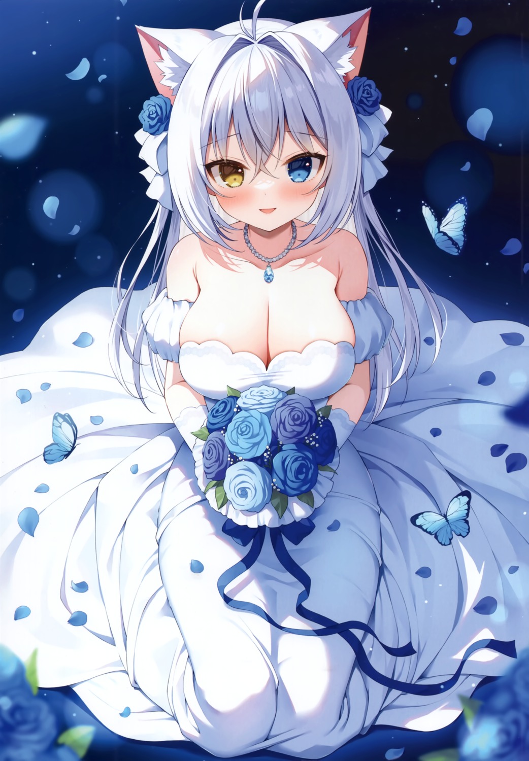 aina_rive animal_ears dress heterochromia mauve nekomimi no_bra wata★punch wedding_dress