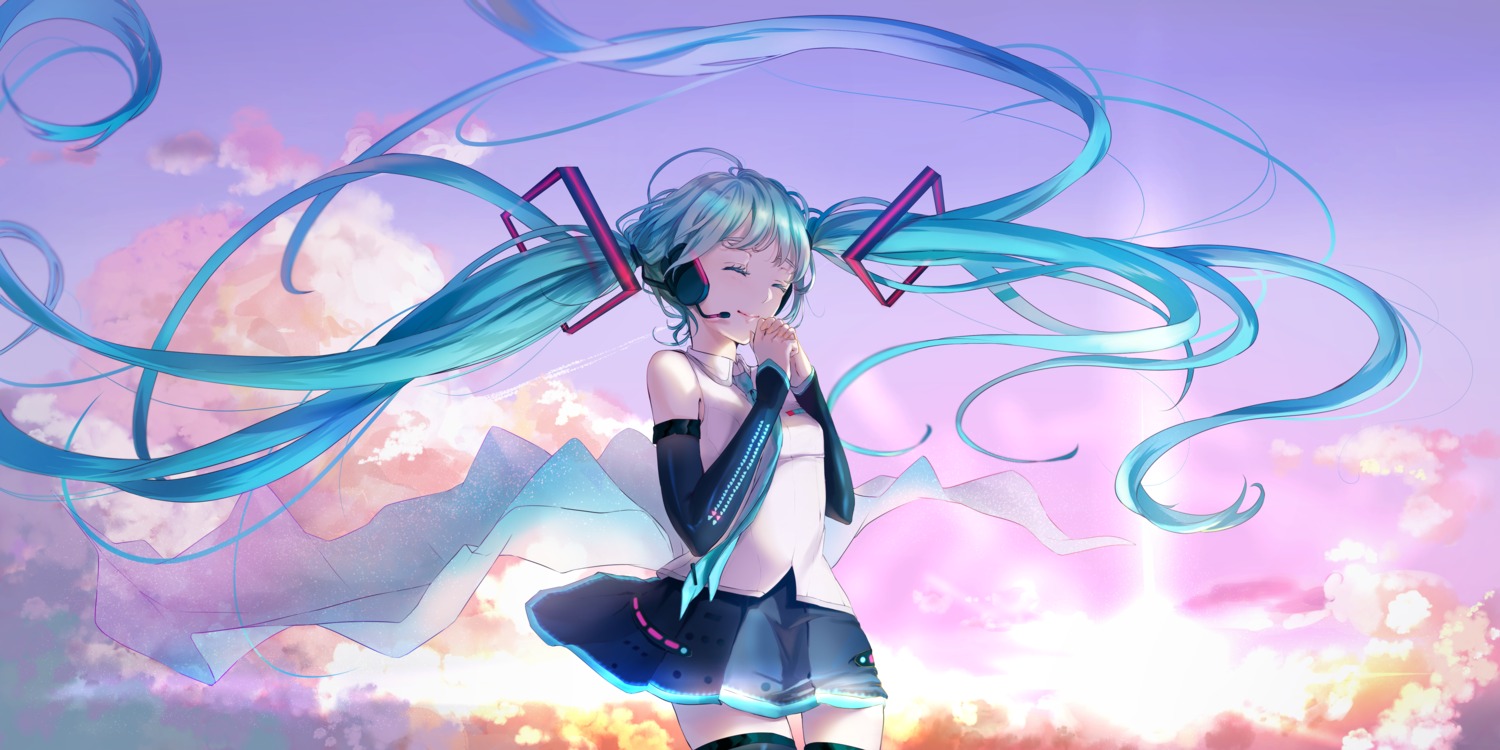 hatsune_miku headphones rain_(leying2626) skirt_lift thighhighs vocaloid