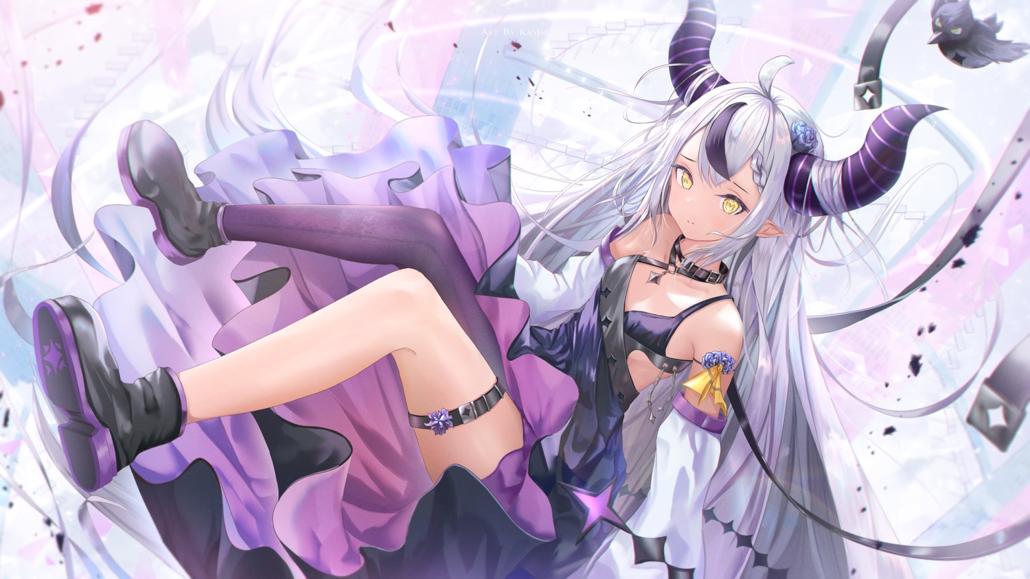 garter hololive horns kayjae la+_darknesss pointy_ears skirt_lift thighhighs wallpaper