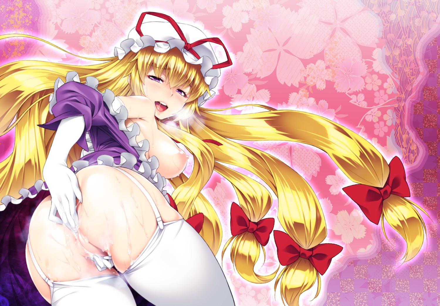 ass breasts cum masturbation nipples no_bra nopan open_shirt stockings thighhighs tomomimi_shimon touhou yakumo_yukari