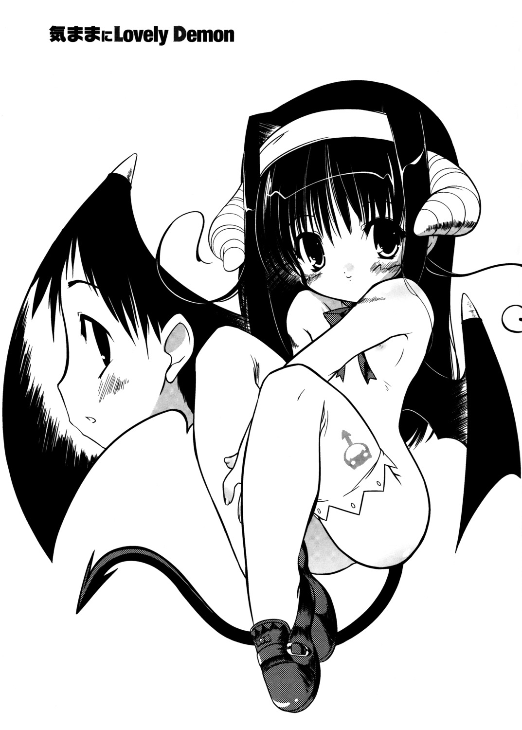 devil horns loli monochrome naked nipples tail thighhighs urotan wings