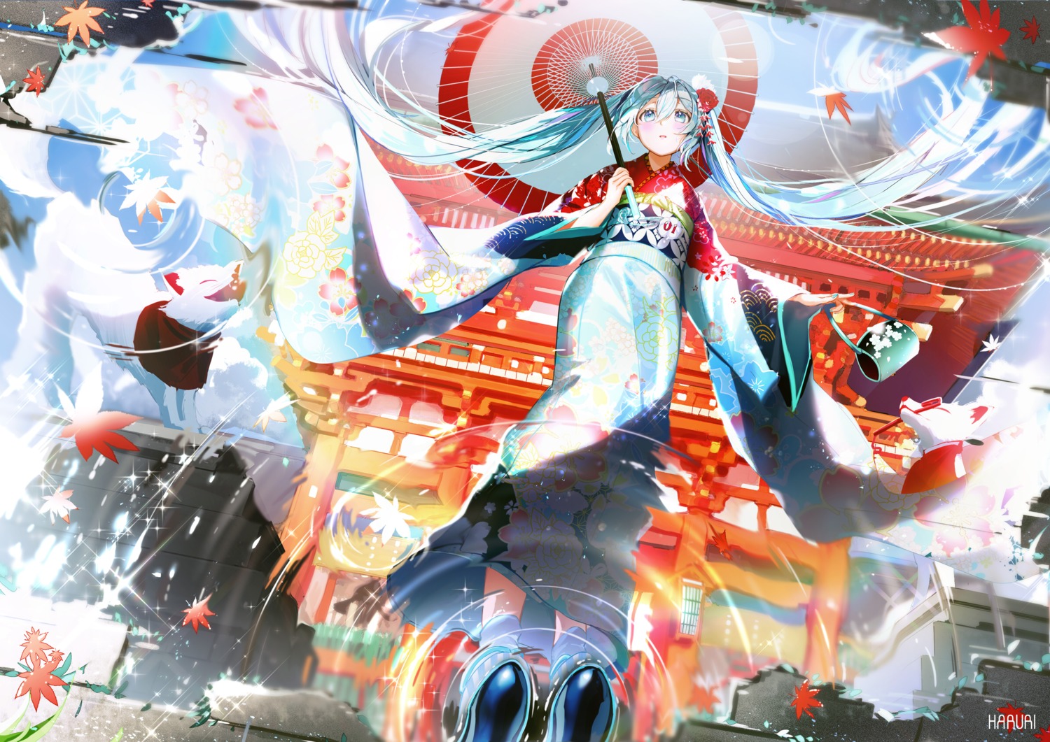 haruri hatsune_miku kimono kyoto_nippon_festival umbrella vocaloid