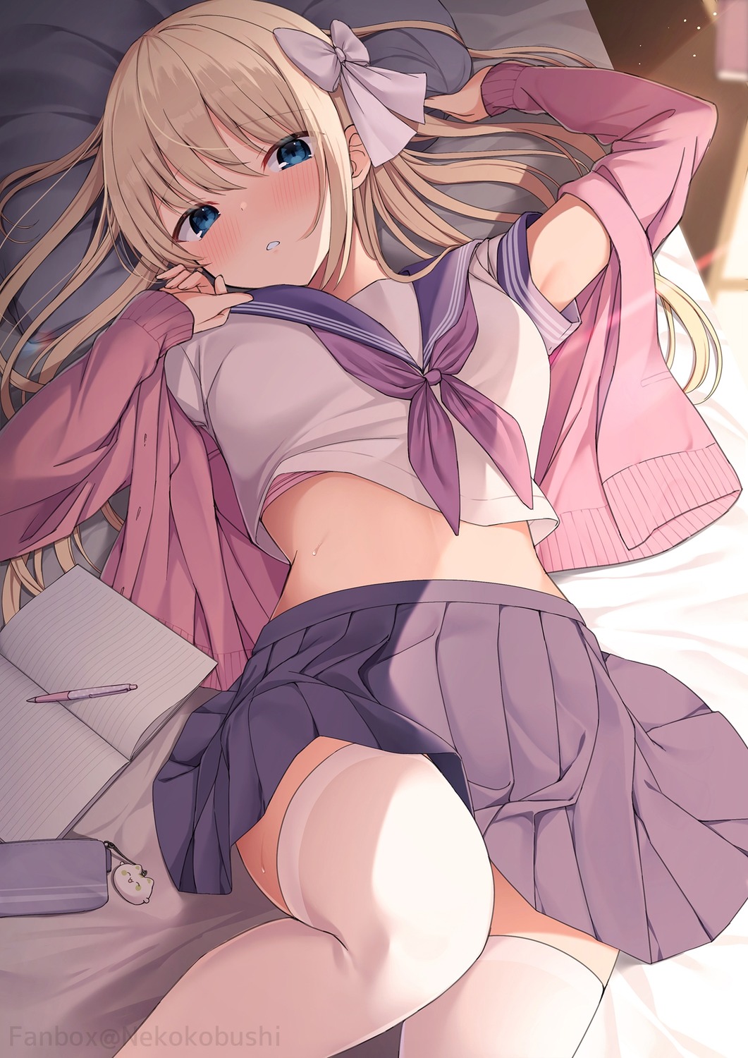 bra nekokobushi seifuku shirt_lift skirt_lift sweater thighhighs