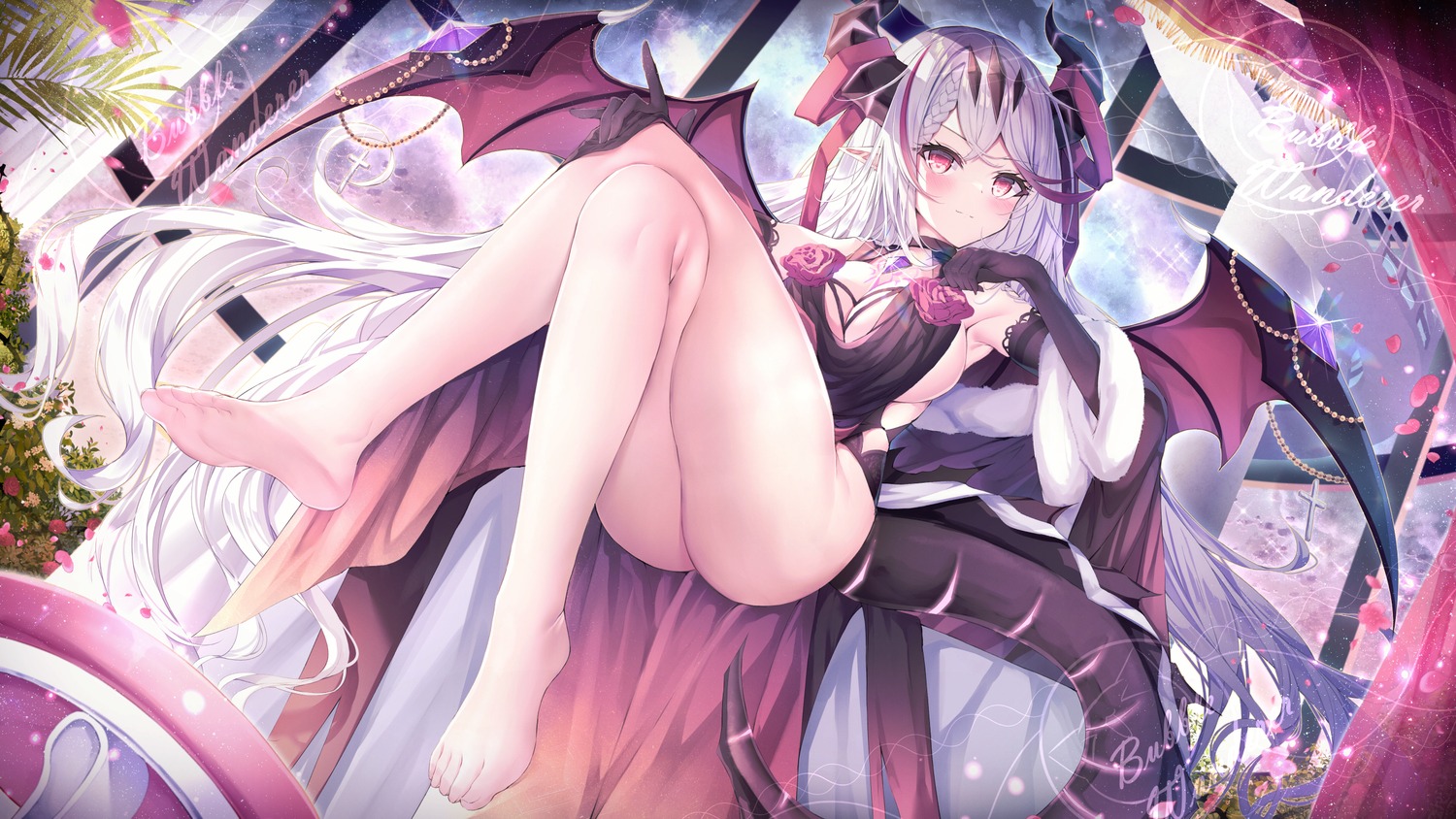 feet manman_manyou_haiyang_de_paomo no_bra pointy_ears tail wallpaper watermark wings