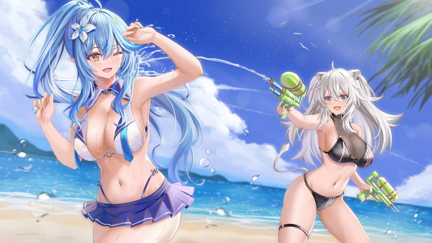 animal_ears arikawa_rui bikini elf garter gun hololive pointy_ears see_through shishiro_botan swimsuits tail wet yukihana_lamy