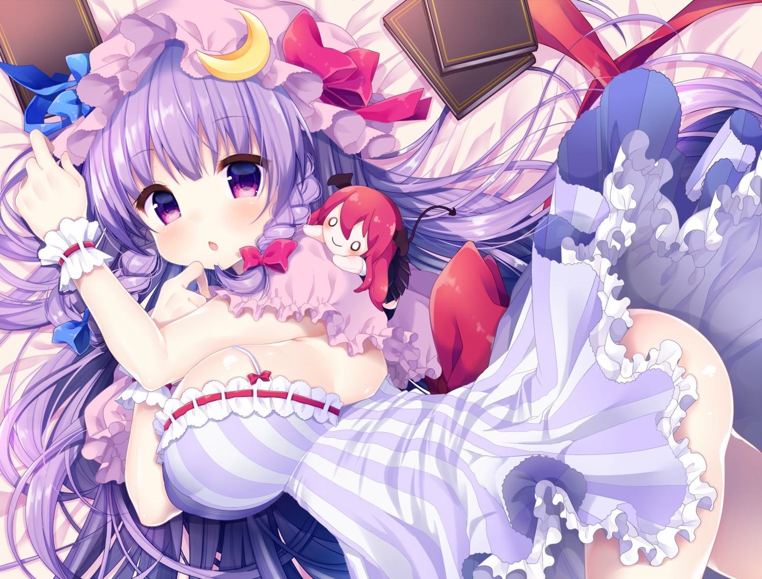 breast_hold chibi dress koakuma no_bra nopan patchouli_knowledge shika_yuno skirt_lift tail touhou wings