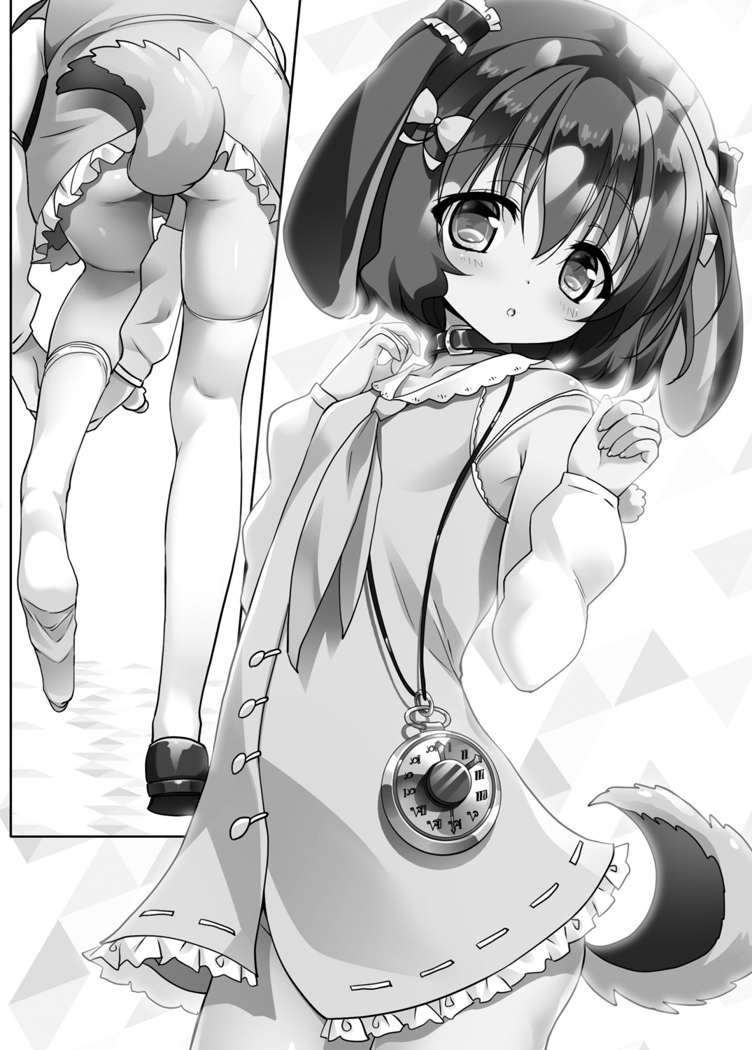 animal_ears ass inumimi monochrome nopan skirt_lift tail thighhighs undressing youta zettai_ni_hatarakitakunai_dungeon_master_ga_damin_wo_musaboru_made