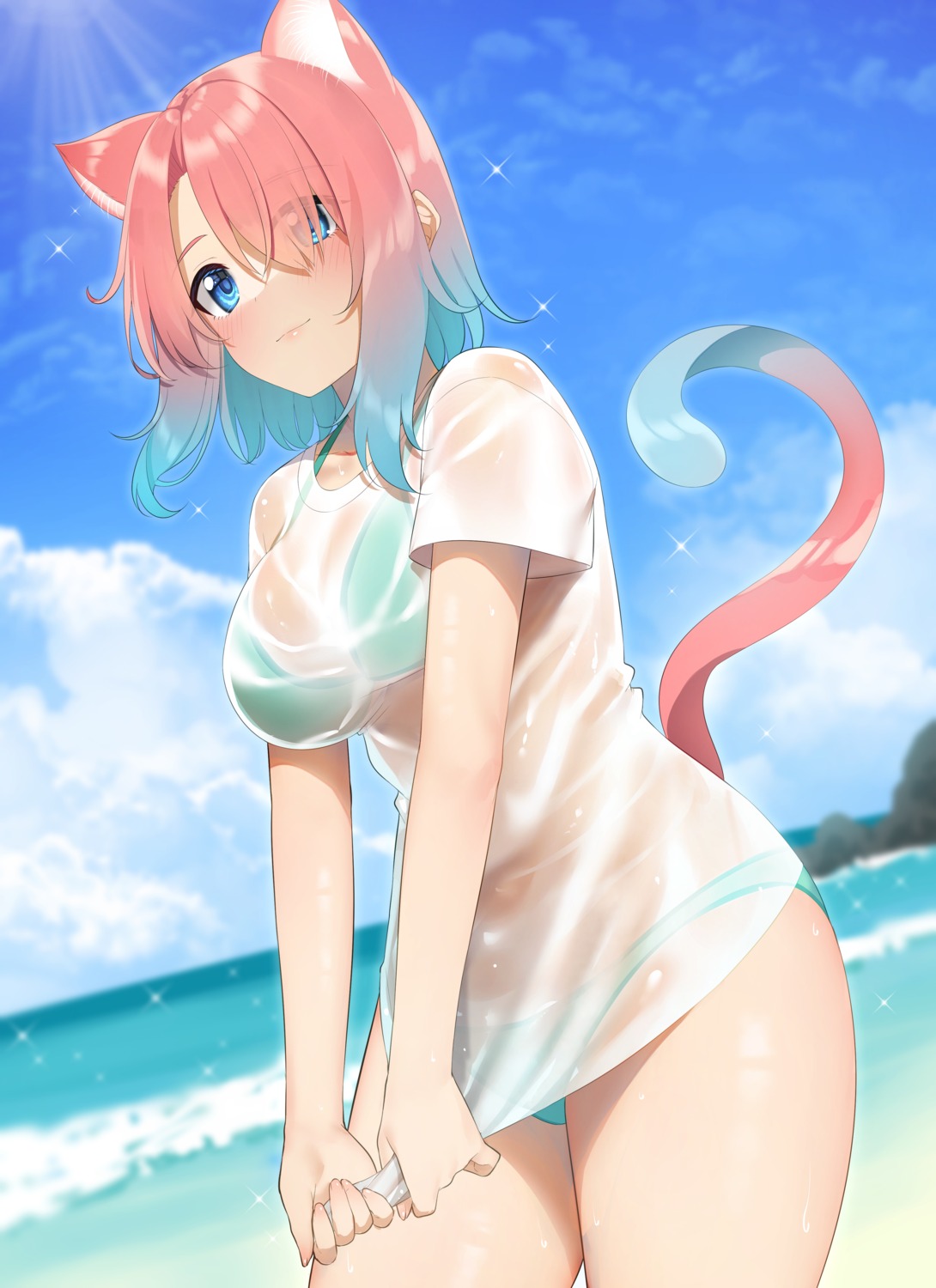 animal_ears bikini go-1 miruku_(go-1) nekomimi see_through swimsuits tail wet wet_clothes