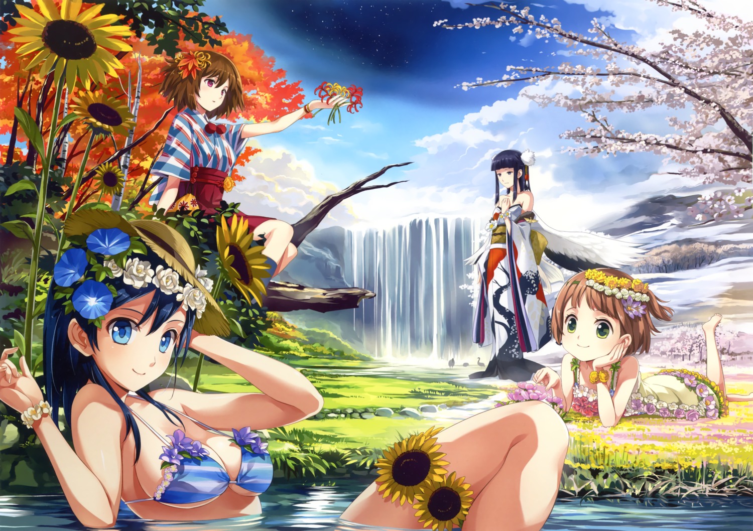 bikini cleavage ekusa_takahito kimono swimsuits wings