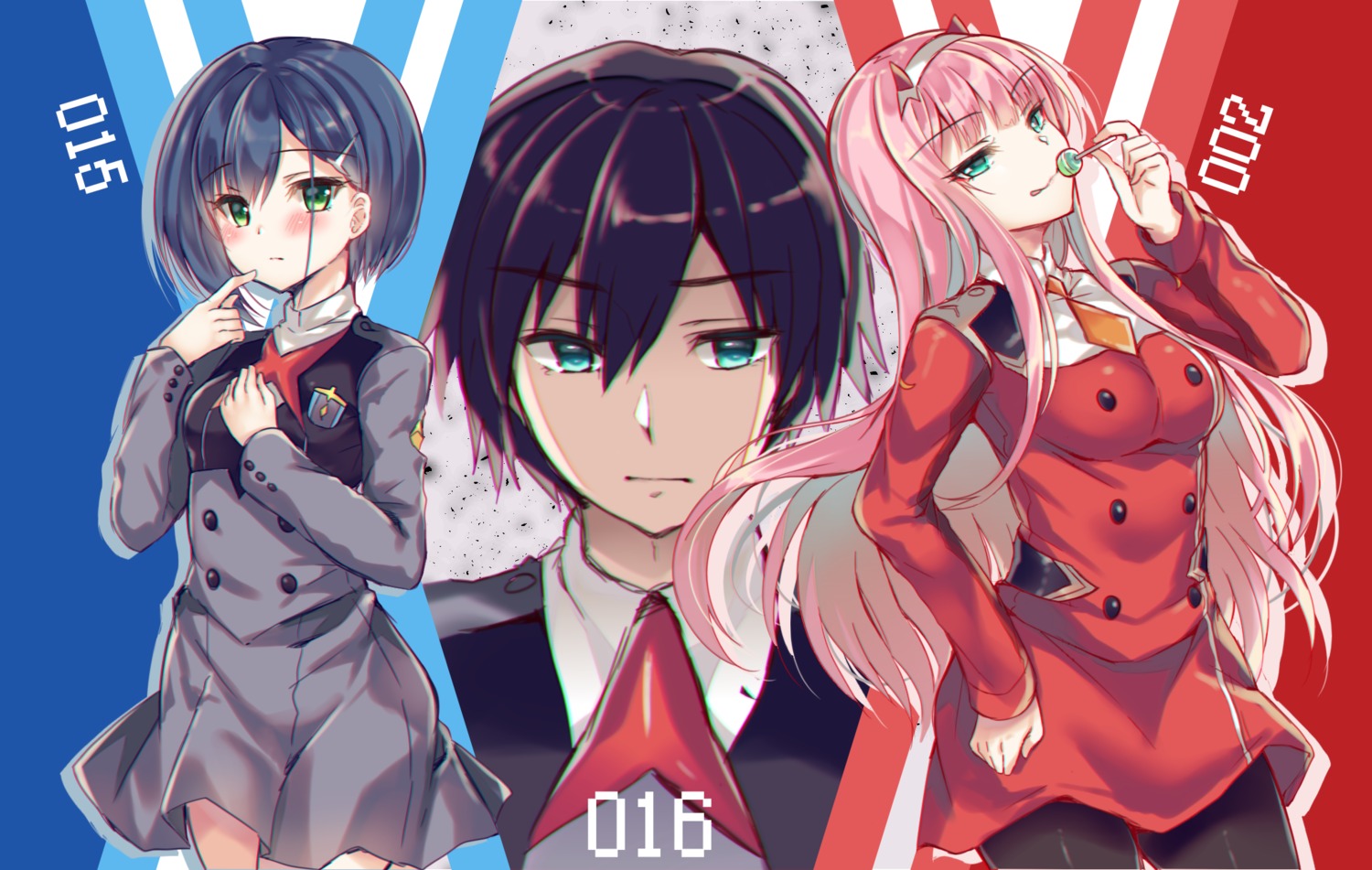 darling_in_the_franxx hiro_(darling_in_the_franxx) horns ichigo_(darling_in_the_franxx) pantyhose suzunone_rena uniform zero_two_(darling_in_the_franxx)