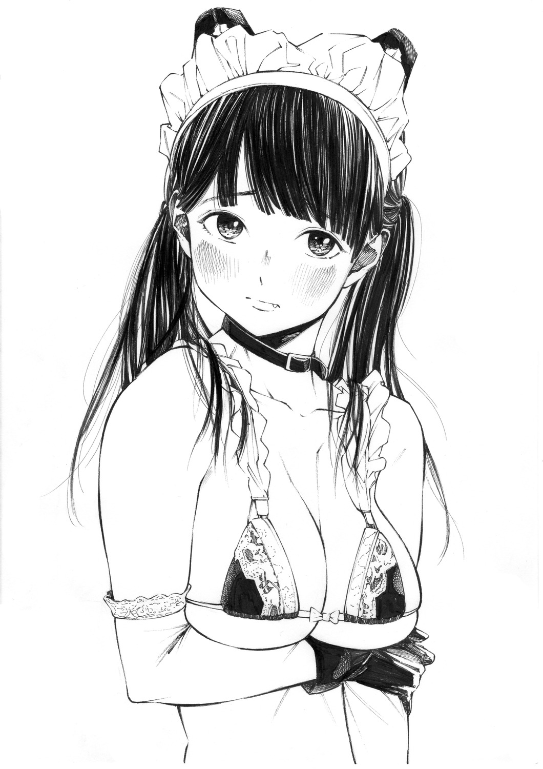 bikini_top breast_hold gagaimo maid monochrome swimsuits