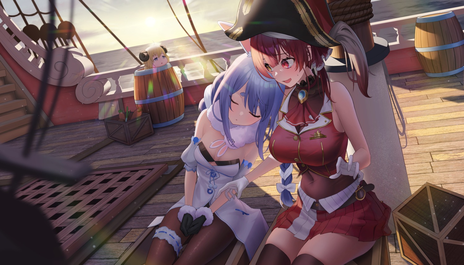 animal_ears aya_(lezon) bunny_ears bunny_girl garter heterochromia hololive horns houshou_marine no_bra pantyhose pirate thighhighs tsunomaki_watame usada_pekora