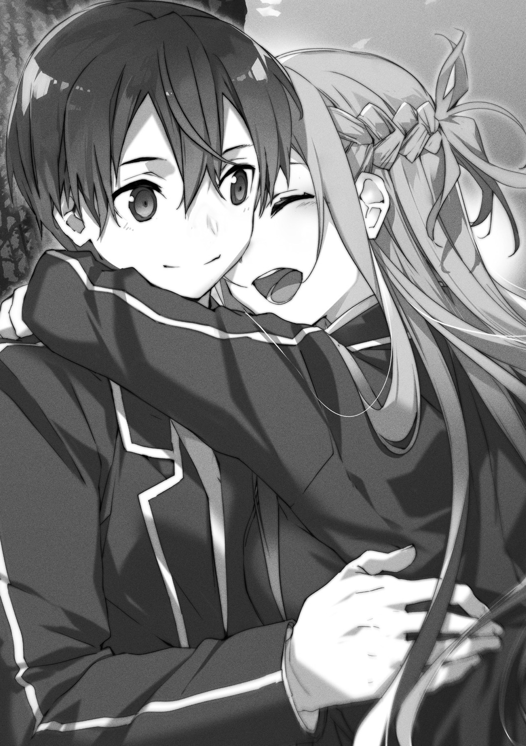 abec asuna_(sword_art_online) kirito monochrome seifuku sword_art_online