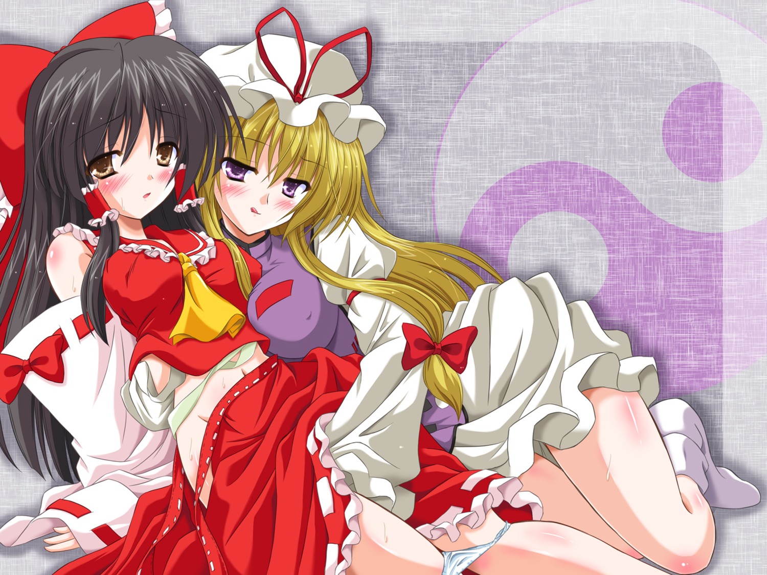 erect_nipples hakurei_reimu miko panty_pull reverse_noise touhou wallpaper yakumo_yukari yamu yuri