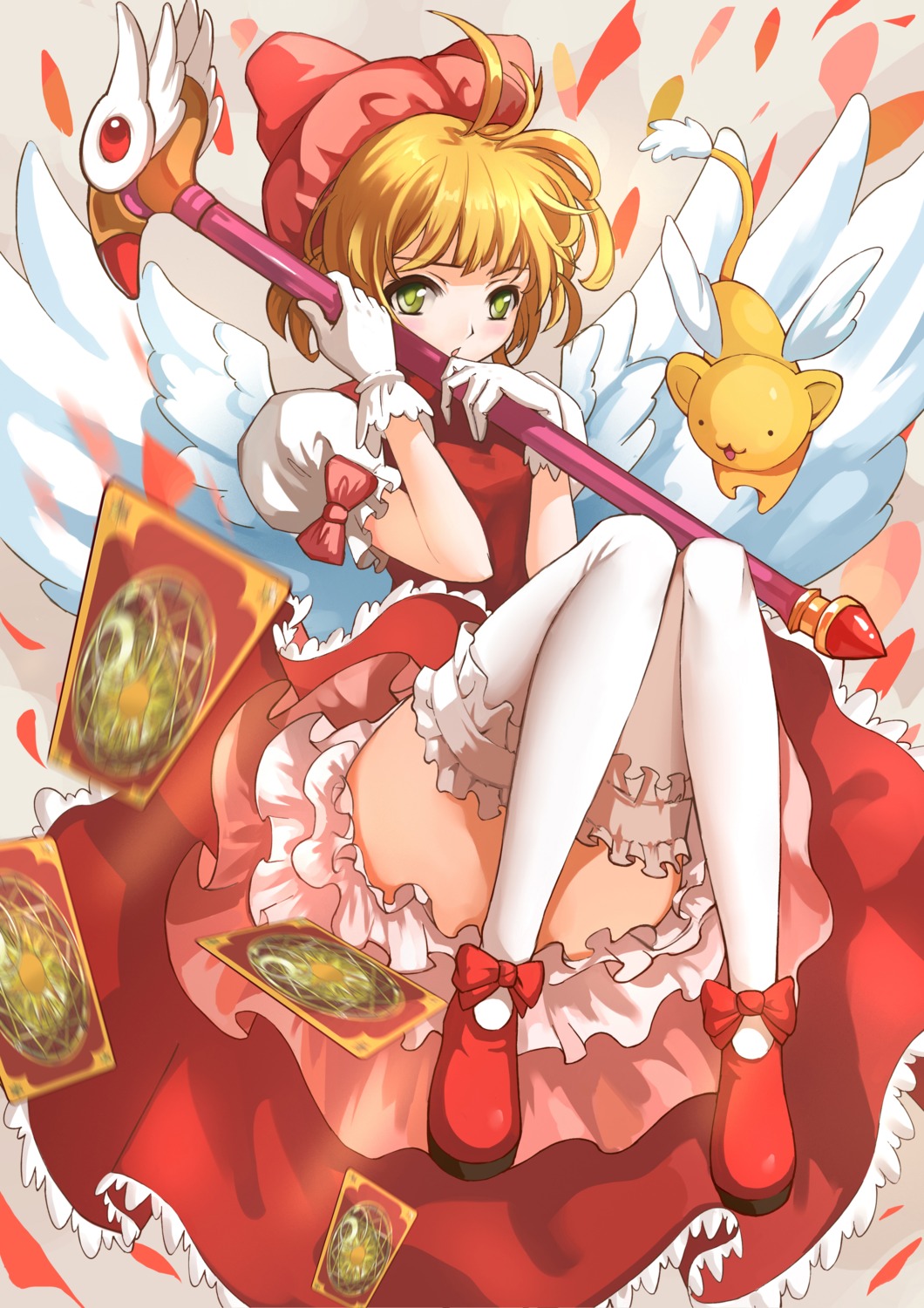 card_captor_sakura kai_he kerberos kinomoto_sakura thighhighs weapon wings