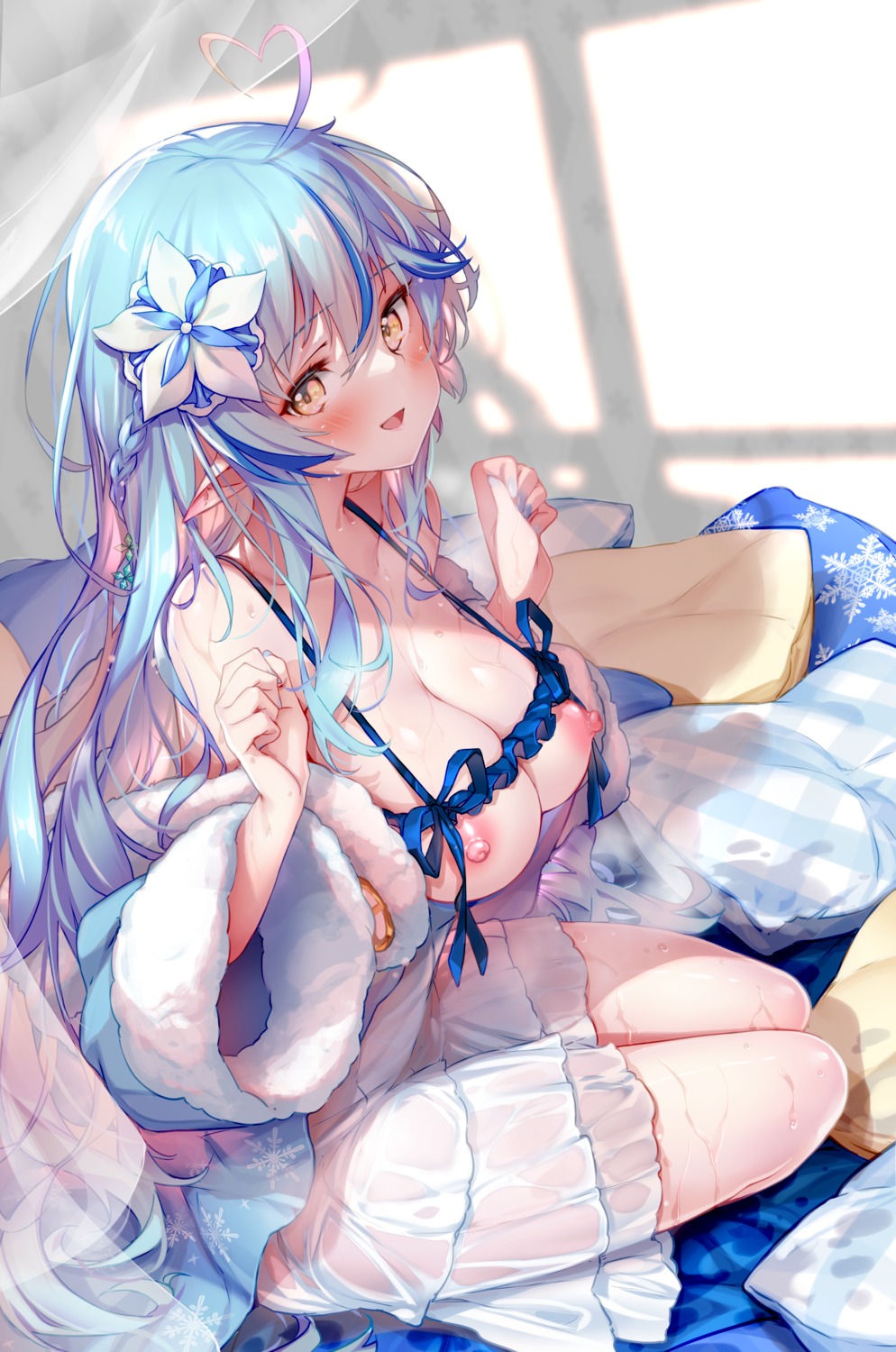 dress elf hololive hong_(white_spider) nipples no_bra pointy_ears see_through wet wet_clothes yukihana_lamy