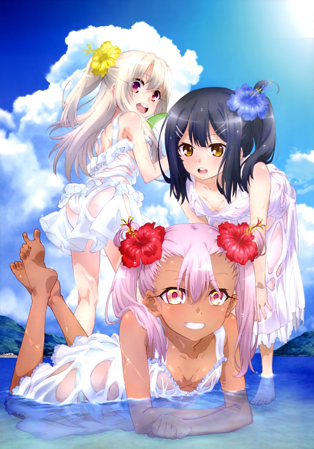 chloe_von_einzbern cleavage dress fate/kaleid_liner_prisma_illya fate/stay_night illyasviel_von_einzbern loli miyu_edelfelt no_bra pantsu see_through summer_dress wet wet_clothes