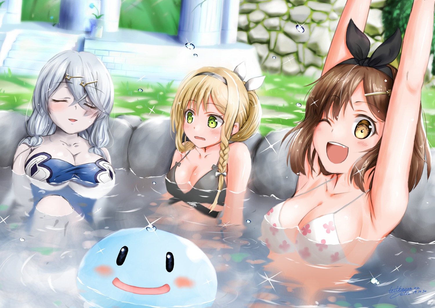 atelier atelier_ryza bathing bikini_top cleavage klaudia_valentz lila_decyrus onsen reisalin_stout swimsuits wet yukinoshiro