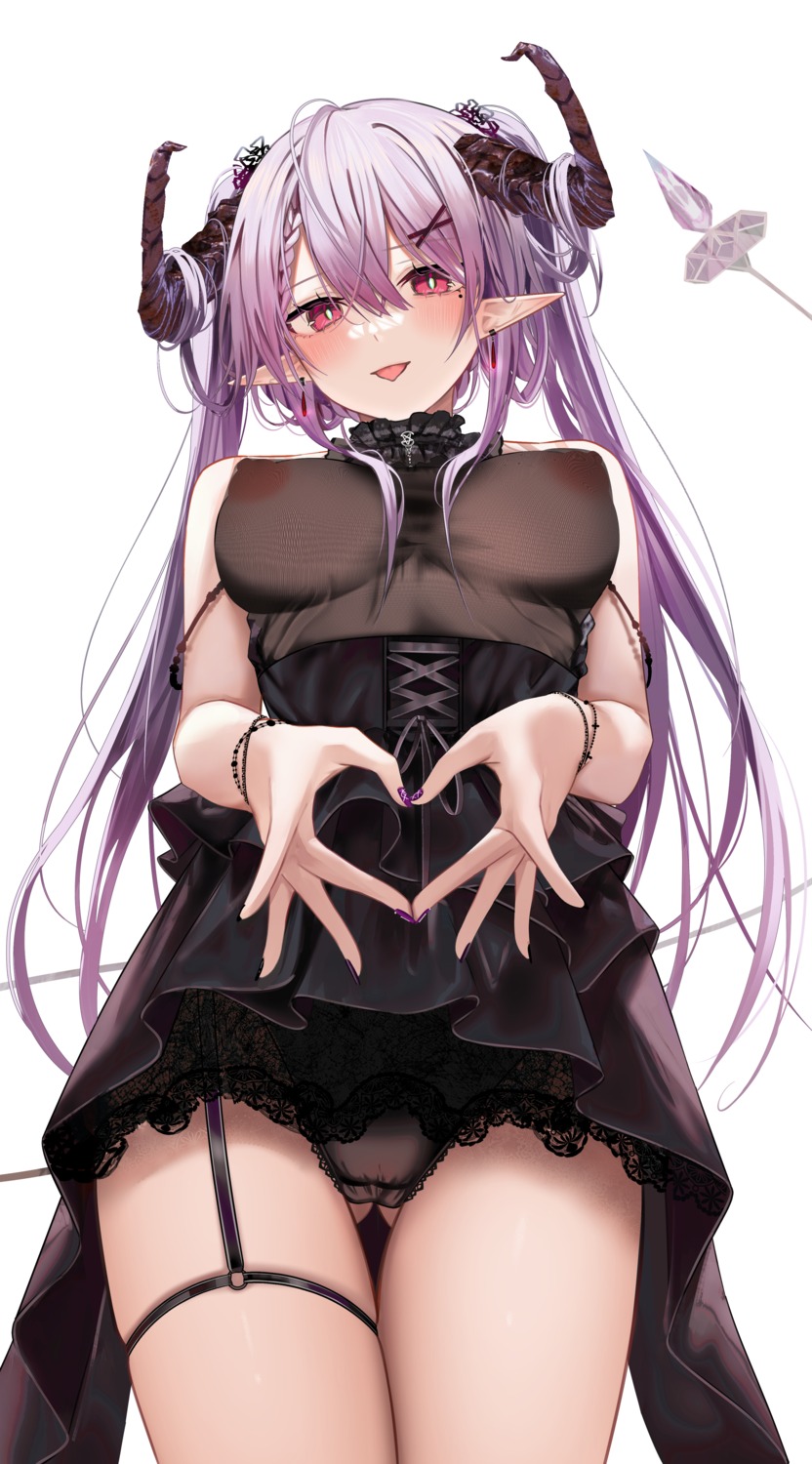 dress garter horns nipples no_bra pantsu pointy_ears ru_zhai see_through skirt_lift