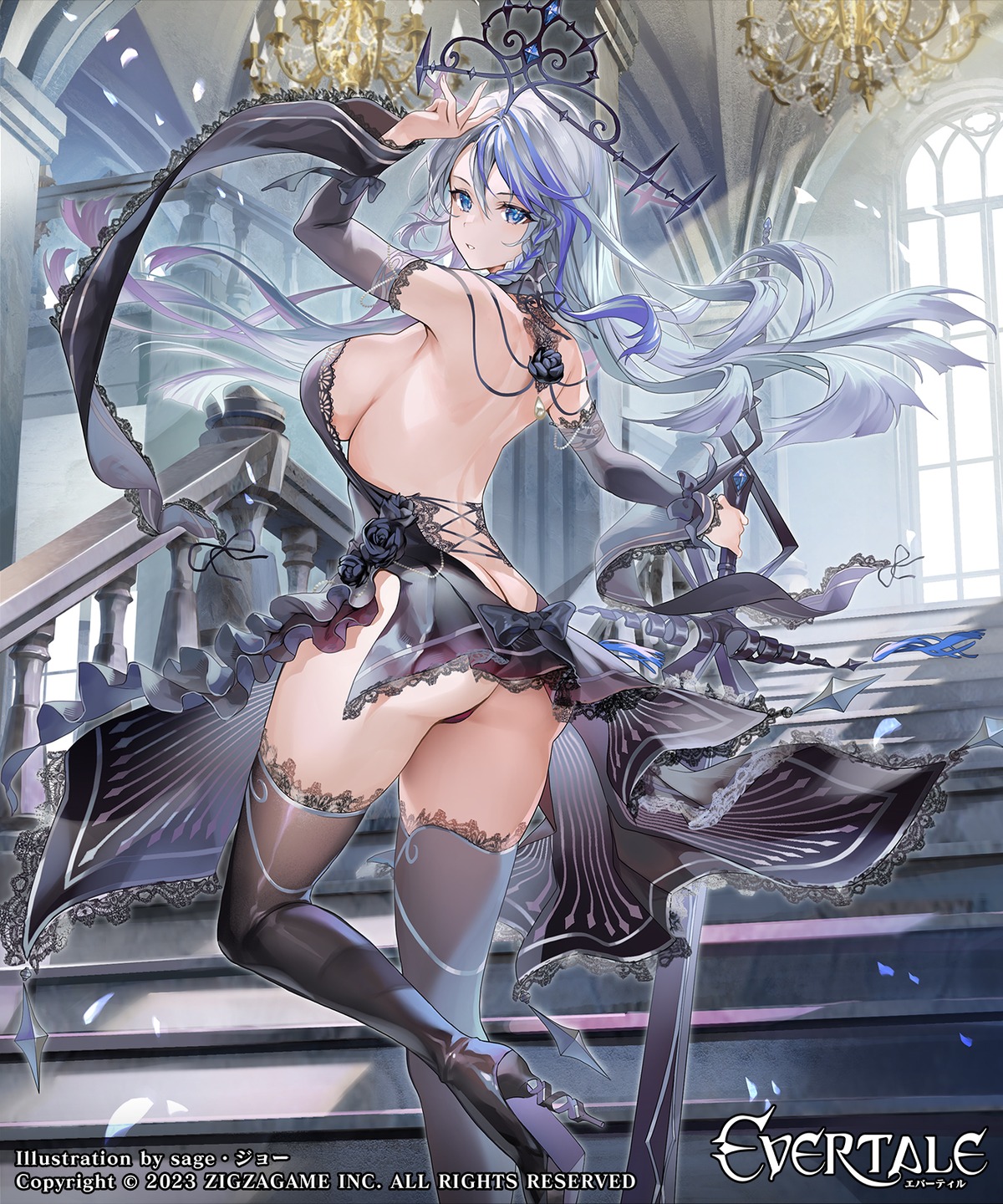 ass evertale heels no_bra pantsu sage_joh skirt_lift sword thighhighs thong