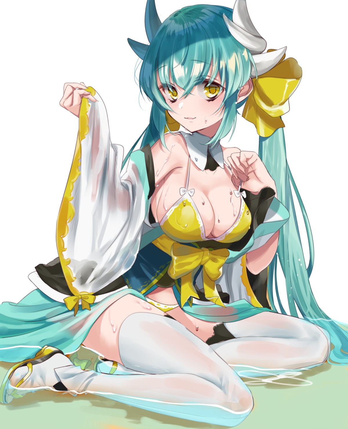 bikini cleavage fate/grand_order horns kiyohime_(fate/grand_order) misumi open_shirt see_through swimsuits thighhighs wet wet_clothes