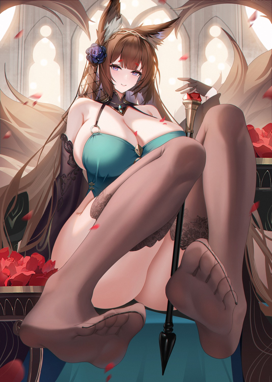 amagi_(azur_lane) animal_ears azur_lane feet kitsune no_bra tail thighhighs weapon yijiufantexi