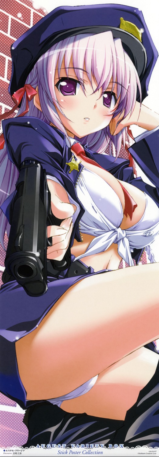bra cleavage estel_freesia gun kurashima_tomoyasu pantsu police_uniform stick_poster yoake_mae_yori_ruriiro_na