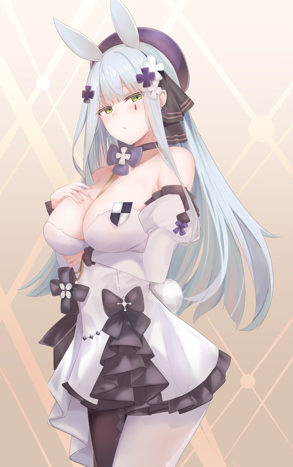 animal_ears breast_hold bunny_ears dress girls_frontline hk416_(girls_frontline) no_bra pantyhose ru_zhai tail