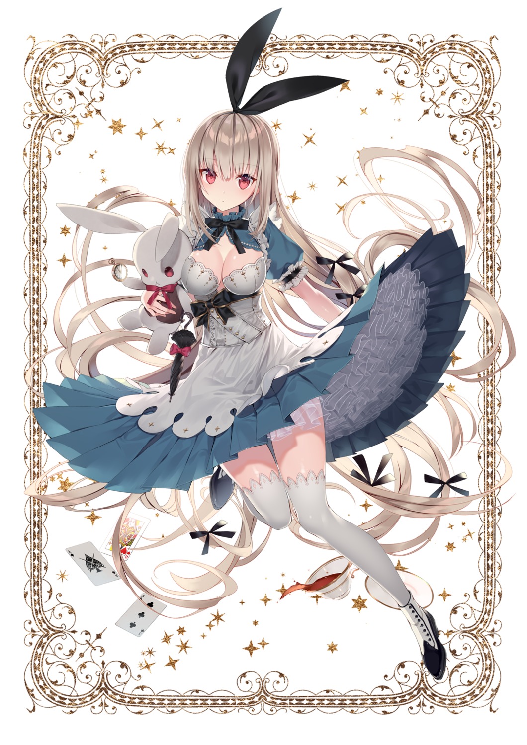 alice alice_in_wonderland cleavage dress lolita_fashion no_bra see_through skirt_lift thighhighs white_rabbit yusano