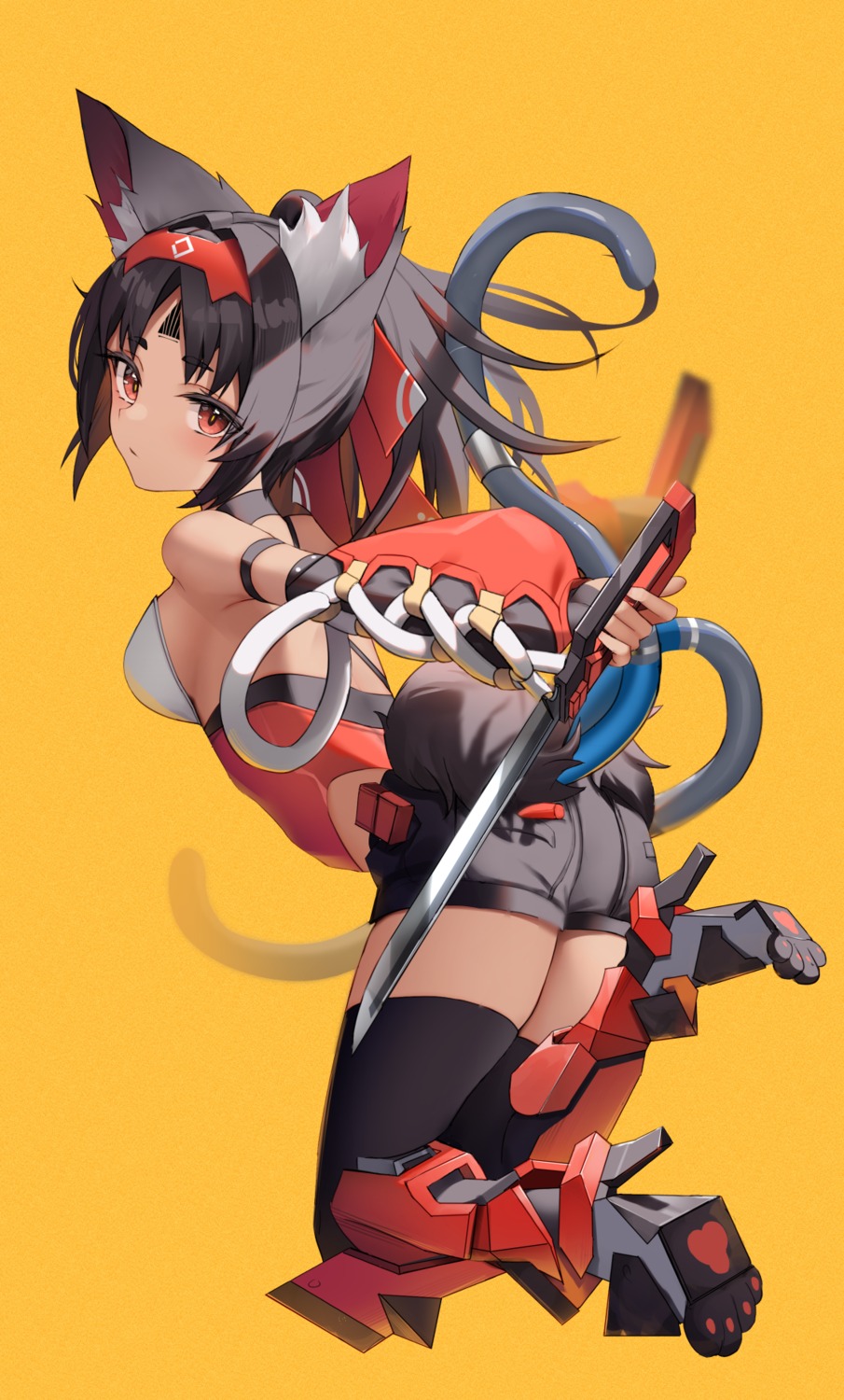 animal_ears armor heels nekomimi nekomiya_mana no_bra sword tail tattoo thighhighs thomas_8000 zenless_zone_zero