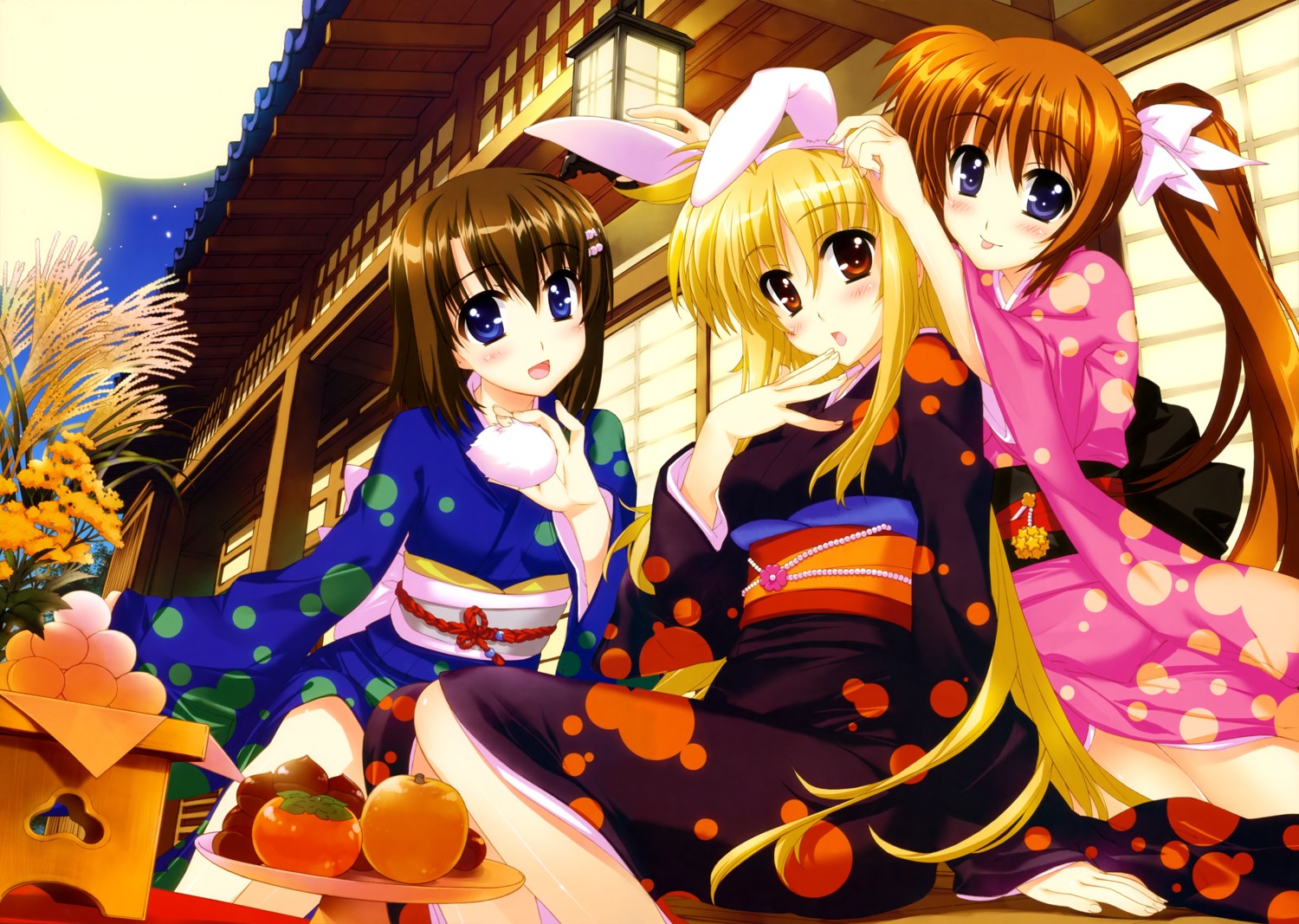 animal_ears bunny_ears fate_testarossa fujima_takuya mahou_shoujo_lyrical_nanoha mahou_shoujo_lyrical_nanoha_vivid takamachi_nanoha yagami_hayate yukata