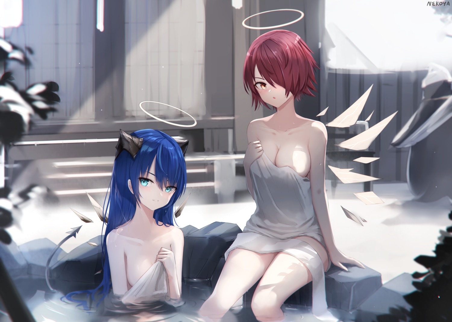 angel arknights bathing exusiai_(arknights) horns mostima_(arknights) naked nekoya_(liu) onsen tail towel wet wings