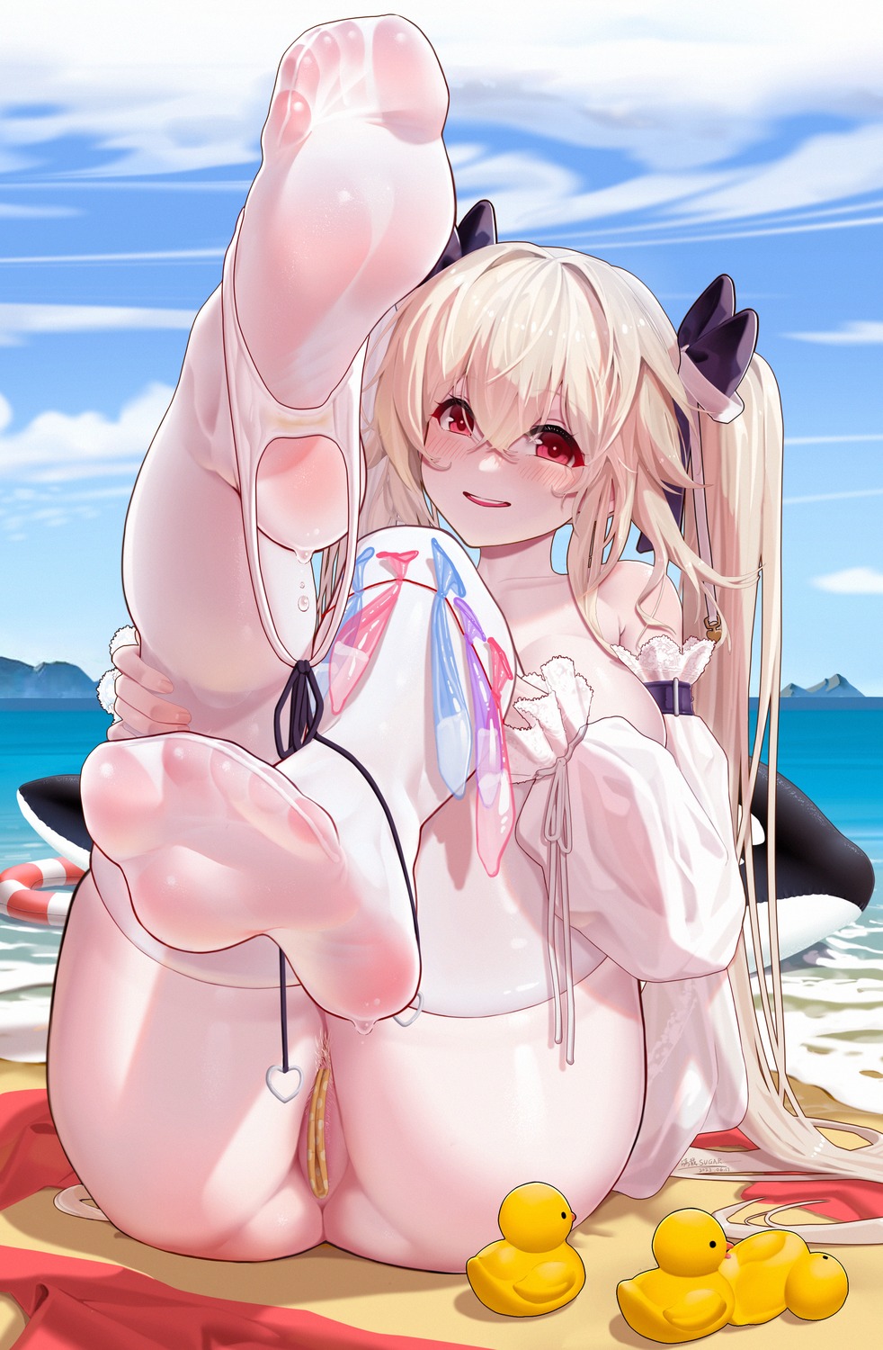 anchorage_(azur_lane) azur_lane bandaid bikini feet maebari manzai_sugar panty_pull pubic_hair see_through swimsuits thighhighs