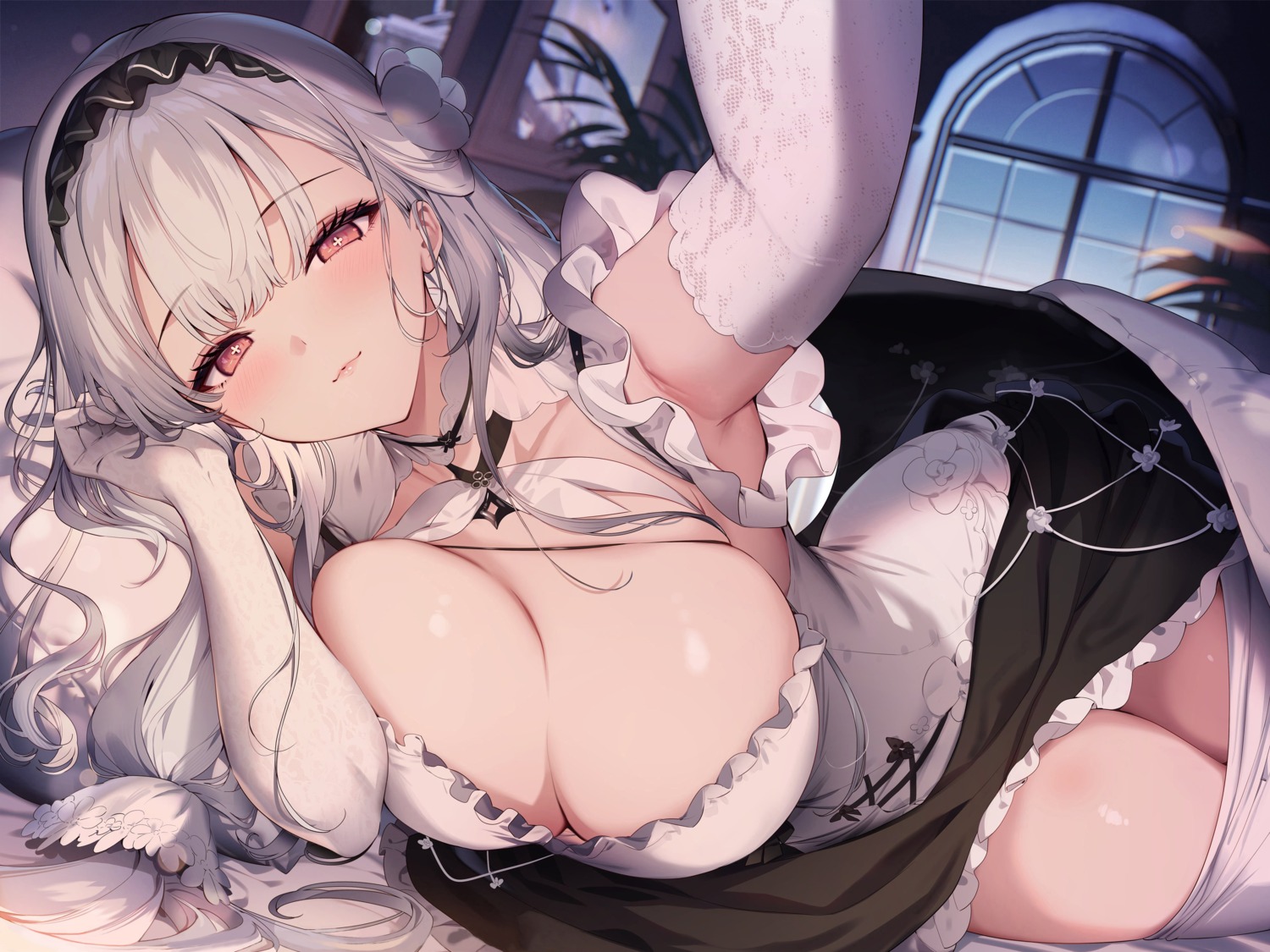 azur_lane detexted kat_(bu-kunn) maid no_bra pantyhose scylla_(azur_lane) selfie sheets