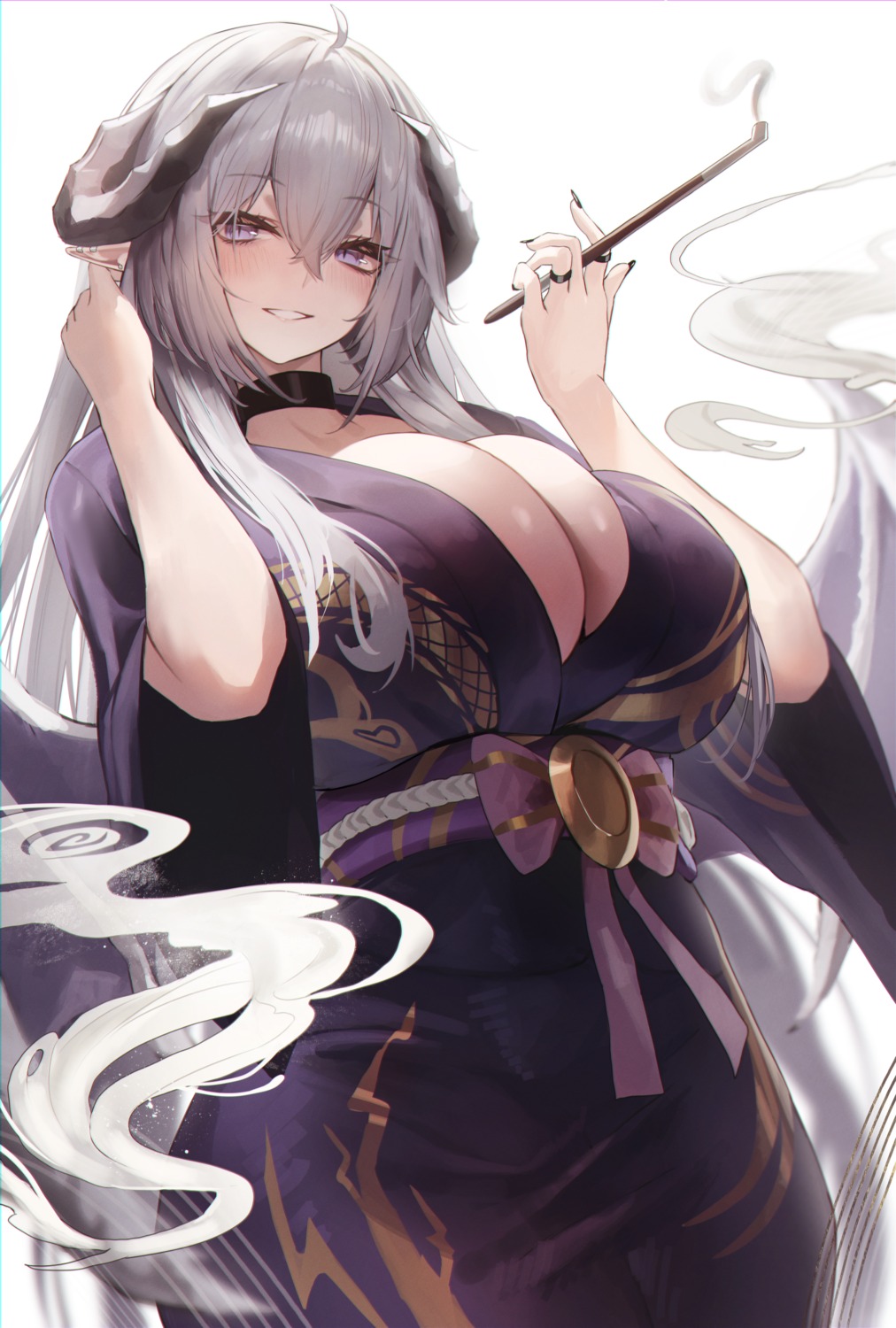 dotthebot horns no_bra open_shirt pointy_ears smoking wings yukata