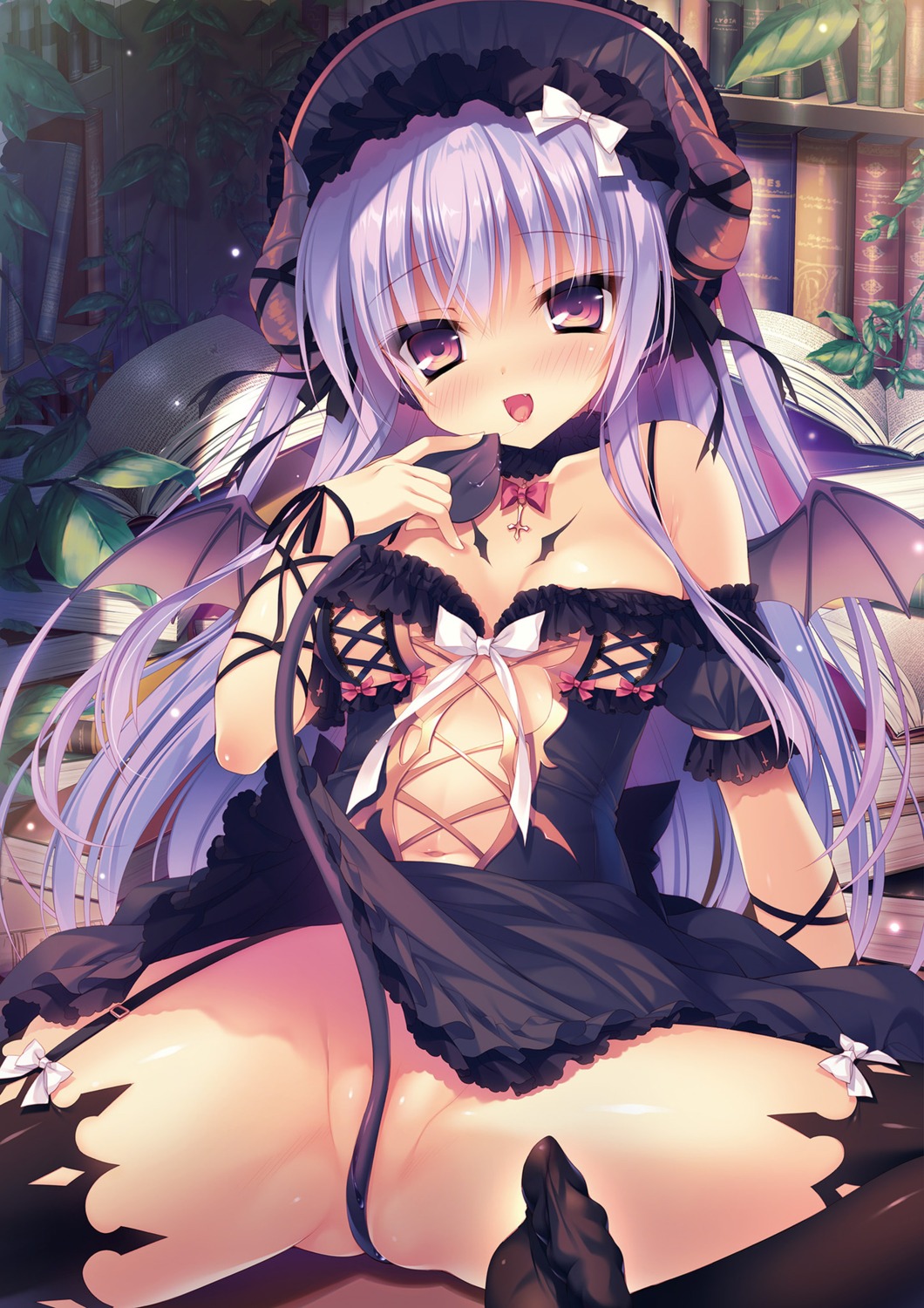 devil dress gothic_lolita horns loli lolita_fashion no_bra nopan rubi-sama skirt_lift stockings tail tattoo thighhighs wings