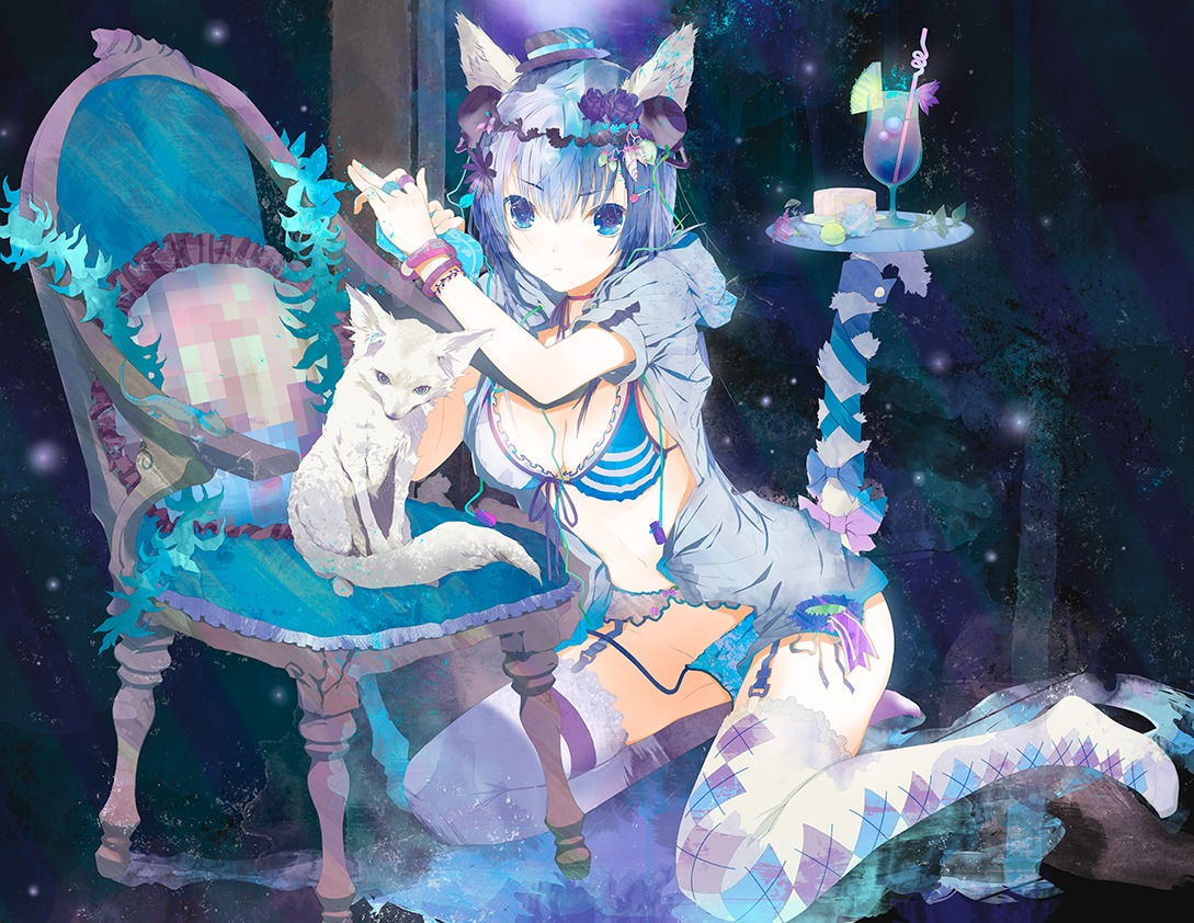 animal_ears bra cleavage fuyuno_haruaki garter_belt lingerie nekomimi pantsu stockings tail thighhighs