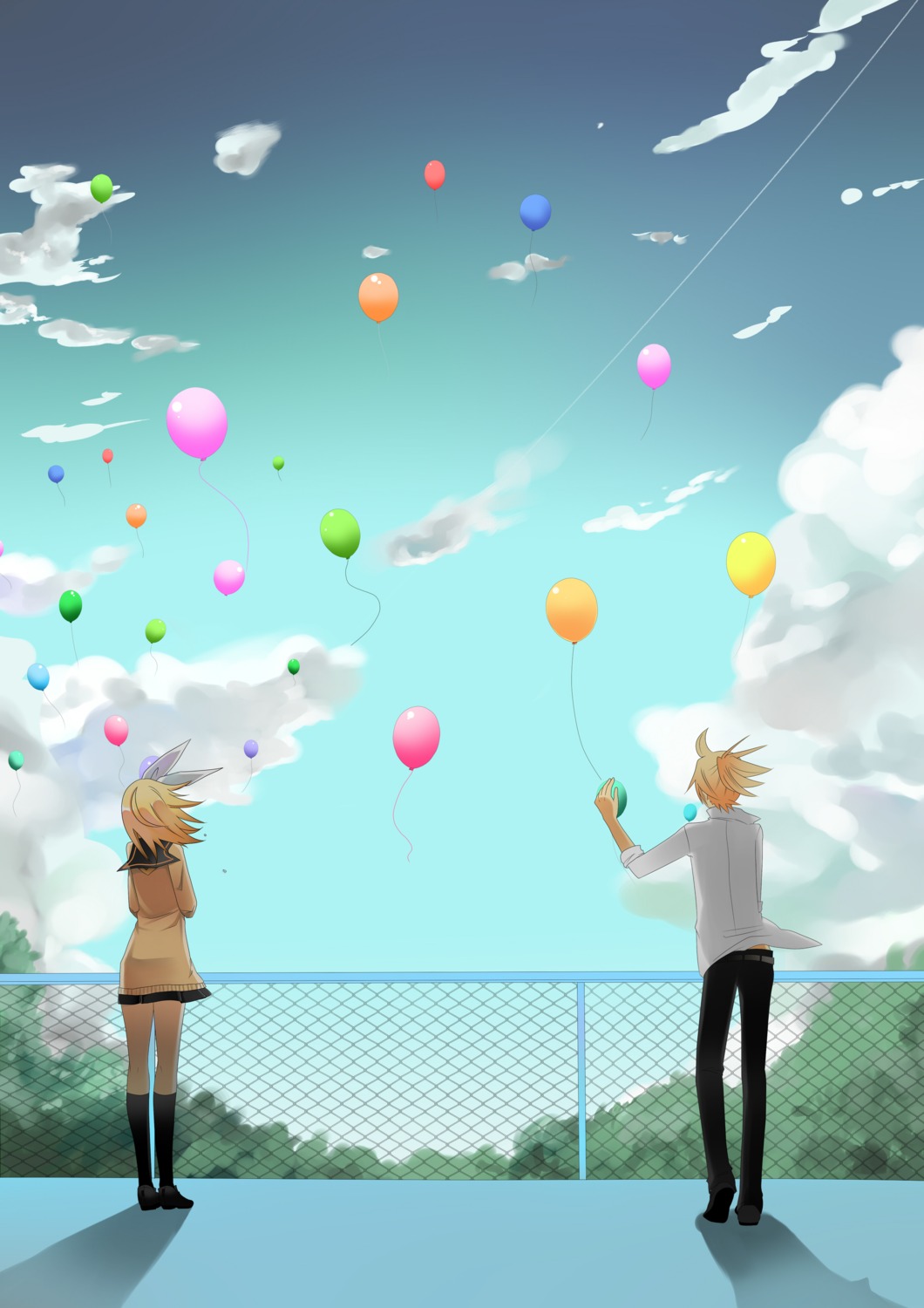 kagamine_len kagamine_rin landscape temari_(artist) vocaloid