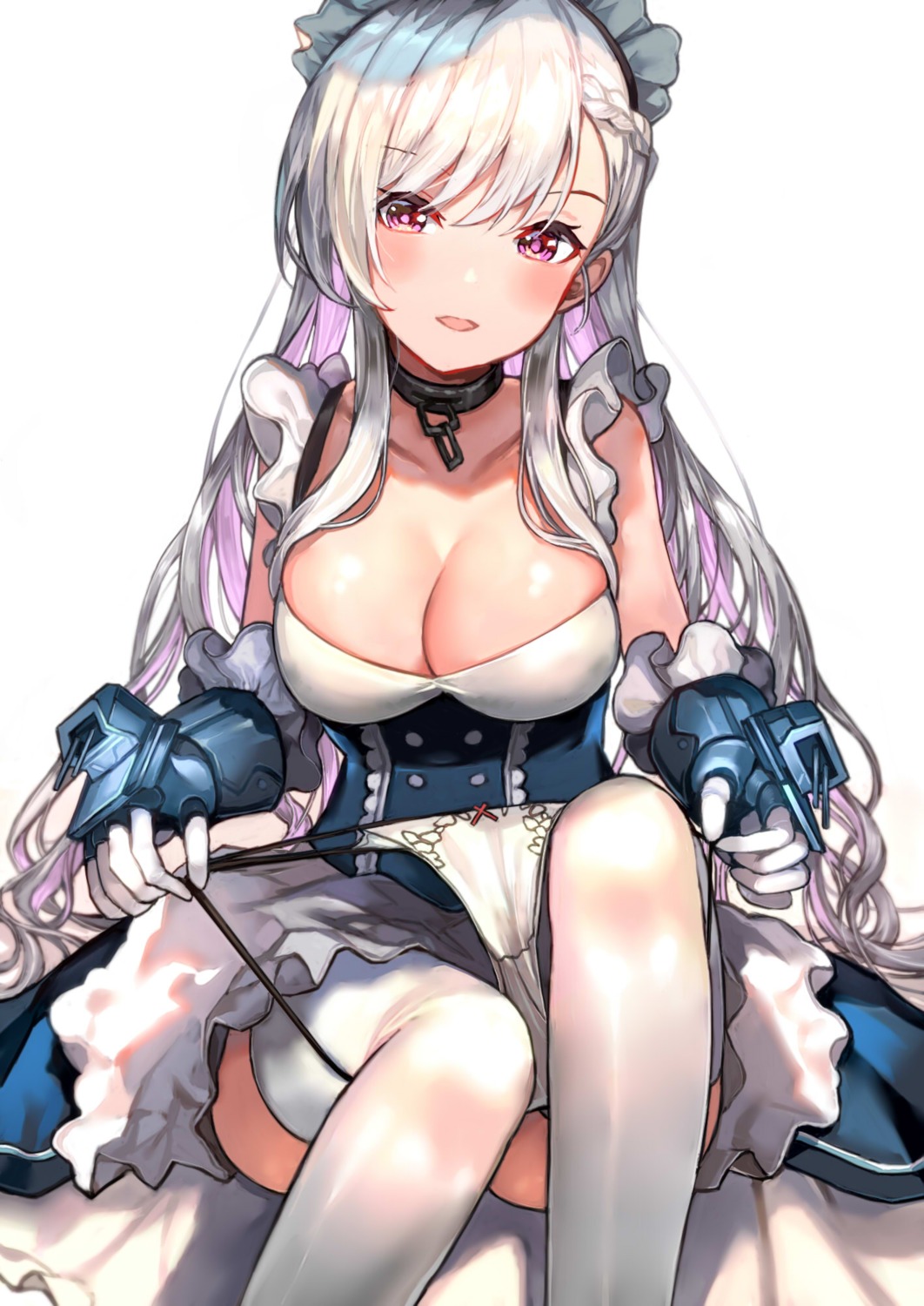 azur_lane belfast_(azur_lane) cleavage denchu_(kazudentyu) maid pantsu panty_pull thighhighs undressing